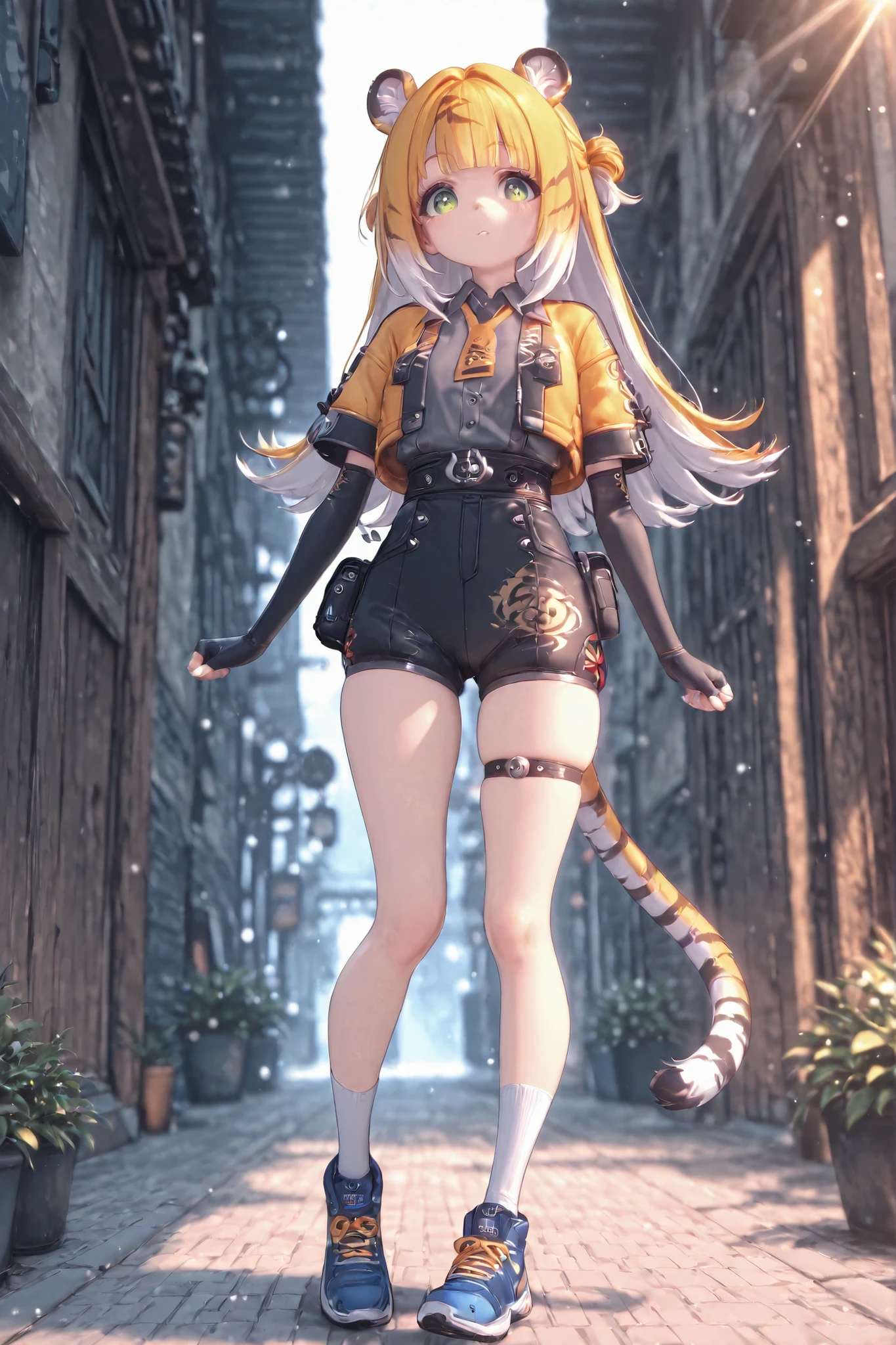 JuFufu,gloves, shirt, shoes, black gloves, short sleeves, fingerless gloves, shorts, socks, black shorts, elbow gloves, collared shirt, white socks, thigh strap, jacket, blue footwear, sneakers,,1girl, green eyes, tiger tail, tiger ears, blonde hair, bangs, long hair, multicolored hair, ,eyesHD,,одна 1, фокус снизу, смотрит на зрителя ,лежит на траве, поза кошки, трусики, хитрый взгляд, милая улыбка, маленькая грудь, желтая майка, черный бантик,
блеск, блеск, sun beam, лепестки цветов на фоне