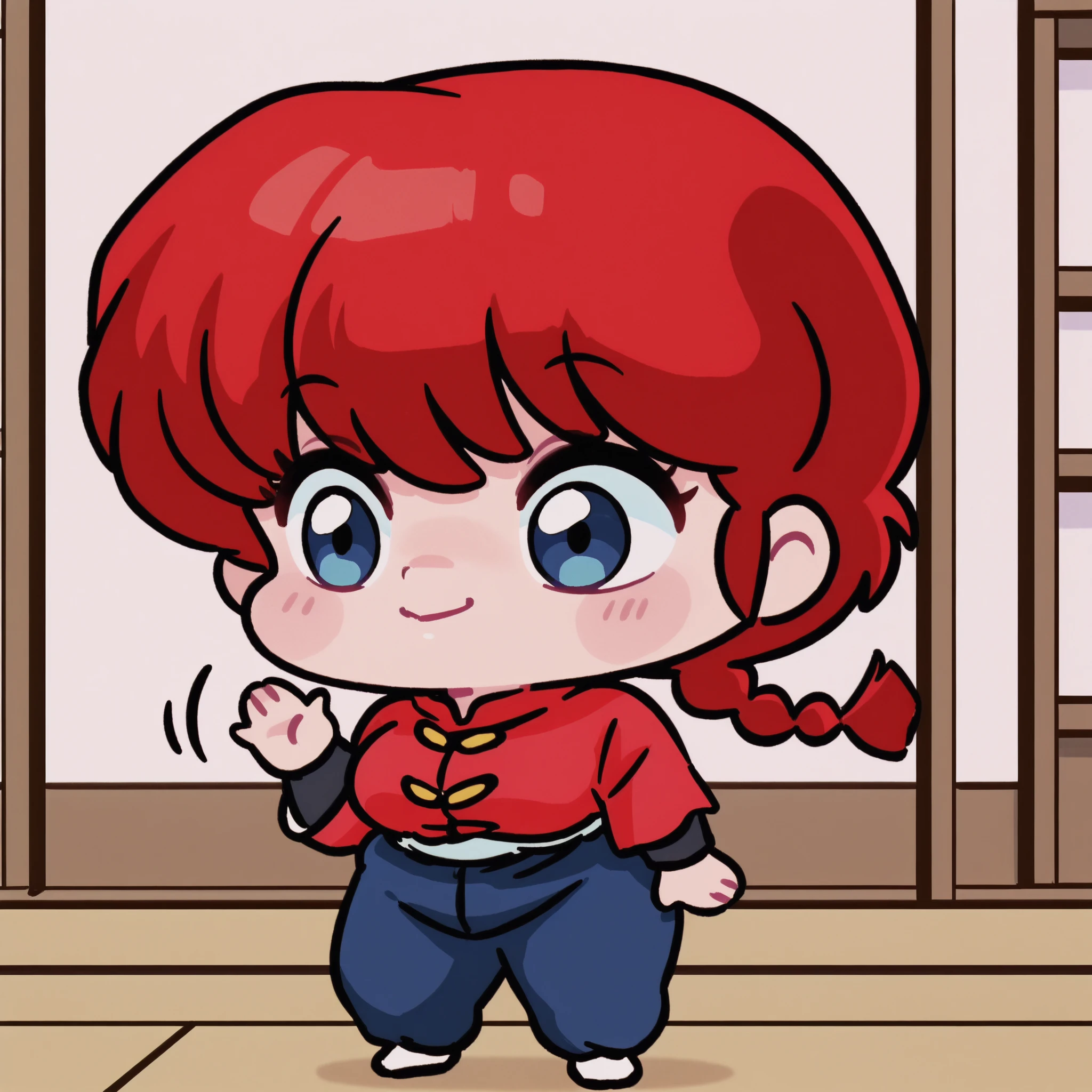 Ranma Saotome, cabello rojo, hair with a braid, blue eyes, Big breasts, NSFW,  sexy hips, sexy waist, red shirt with yellow buttons, blue pants, Japanese Dojo , looking at the spectator, by day, waving with one hand, one hand up, happy, closed mouth, alone, without people in the background, pretty woman, Cute anime girl, blushed, standing, pose linda, imagen linda wallpaper, full body, chibi style, 