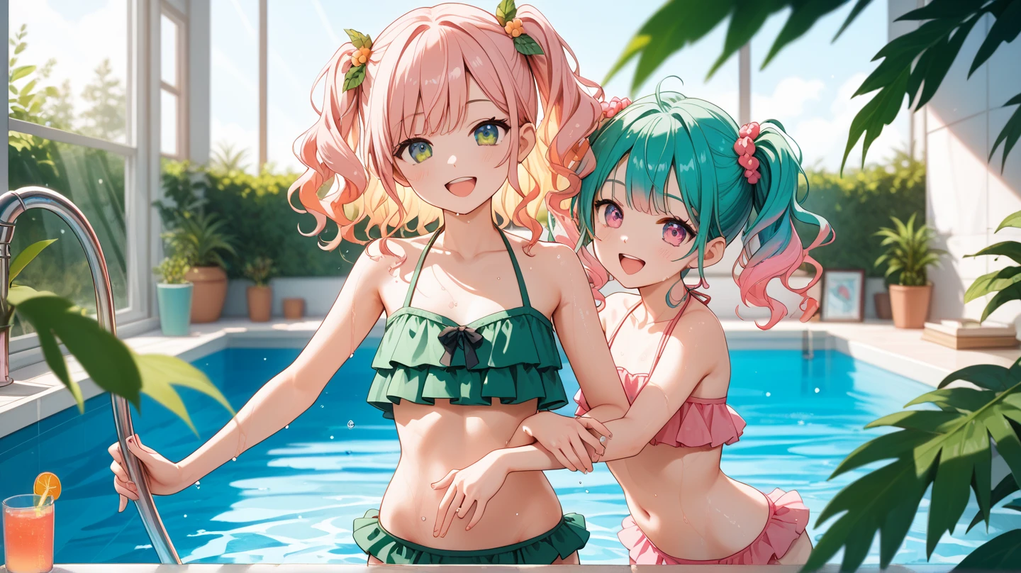 tatsumaki black bikini full body long legs green hair ((A person)) swimming pool