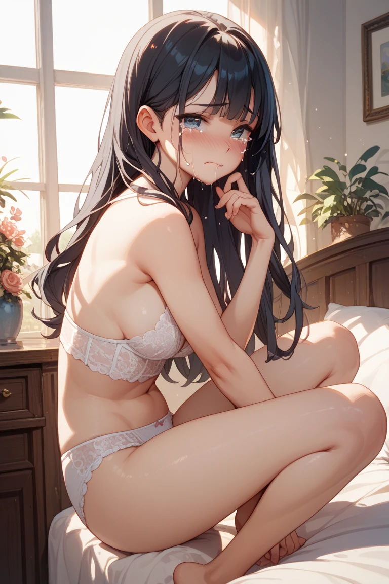 Masterpiece, top quality, (((((dark magician))))), (((golden hair, beautiful blonde)), (((15 years old pretty girl, 15 years old)), thin arms, thin legs, long hair, round breasts, ((Perfect limb)))), only one girl, underwear, all fours, horse girl, thighs, underbust, (best quality, 8k, masterpiece, NSFW)), perfectly cute girl, Delicate and smooth skin, realistic skin, perfect and beautiful face, perfect and cute face, (subjective point of view, view from above), large, (light black underwear, wet, beautiful nipple slip), ((transparent white micro bikini, string micro bikini, areola protruding from the bra,)), gap between chest and underwear, shiny skin, beautiful waist constriction, masterpiece, highest quality, high resolution, solo, night bed, sliding underwear, Lie down, from above, beg for a hug with open arms, greet with a smile, bed, disheveled flower transparent underwear, rough breath, Sexual performance hospitality, Single girl, Unhooked underwear, Breasts, cleavage, lips, hair is long, mouth open, photot_, pink_brassiere, sleeping, wet underwear, (masterpiece), super detail, (high detail skin), (best image quality: 1.0), (Super HD: 1.0), (Best Quality, Masterpiece), (Spread of Legs)))), ((Dynamic Pose)), ((Hide the crotch with hands)), Best Quality, Masterpiece, Ultra HD, (Girl yawning in bed), (The back of the thighs is visible))), ((POV: 1.7))), slender hips, round breasts, obviously, ((((NSFW))), heavy breathing, Problem eyebrows, upturned eyebrows, (((begging for hugs)))), black transparent panties, (without bra)))), masterpiece, highest quality, high resolution, indoors, white shirt, red ribbon, undressing, bra, panties, lying down, from above, arms outstretched, angry, bedridden, disheveled clothes, rough mouth, sexual manifestations, masterpiece, best quality, high resolution, indoor, see-through, slippery bra, Side tie T-back, String underwear, From above, Stretch arms, Anger, Sleeping, disheveled underwear, Rough breath, Sexual expression, Full bo