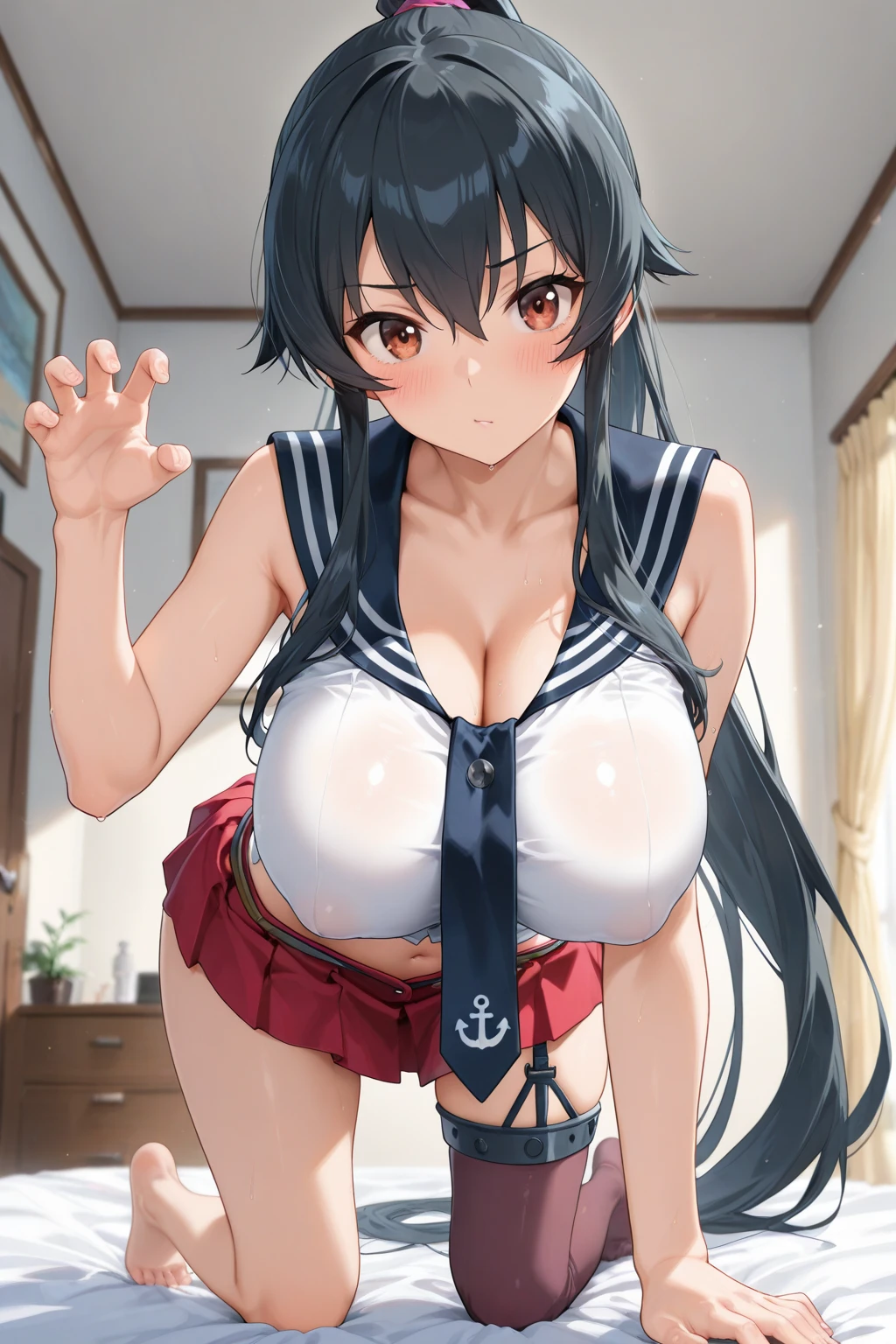 ((nsfw, masterpiece, best quality)), ((super high resolution)), (photo realistic), best shadow, (sharp sketch, illustration:1.2), high detail, very detailed, (nice hands, perfect hands), (POV, face focus:1.4), ((1girl and 1 boy)), beautiful girl, 18 years old, blue eyes, (black long hair:1.5), (normal breasts:1.1), glossy skin, ((view from front:1.5)), (very slender:1.3), (beautiful adolt face:1.3), famous idol, thin lips, detailed facial features, facial and skin texture, Crisp focus, perfect beautiful body and face, pink small nipple, beautiful face, perfectly in focus, long bangs, underhair, (in theprison:1.3), all body, (smile:1.4), (sweat:1.5), ((woman on top:1.5)), ((penis)), ((vaginal)), ((sex:1.5)), (military uniform:1.5), (skirt lift:1.4), hair between eyes, (show off nipple:1.1), (cum overflow from crotch:1.3), epaulettes, elbow gloves, (cum on face:1.5), (cum on body:1.3)