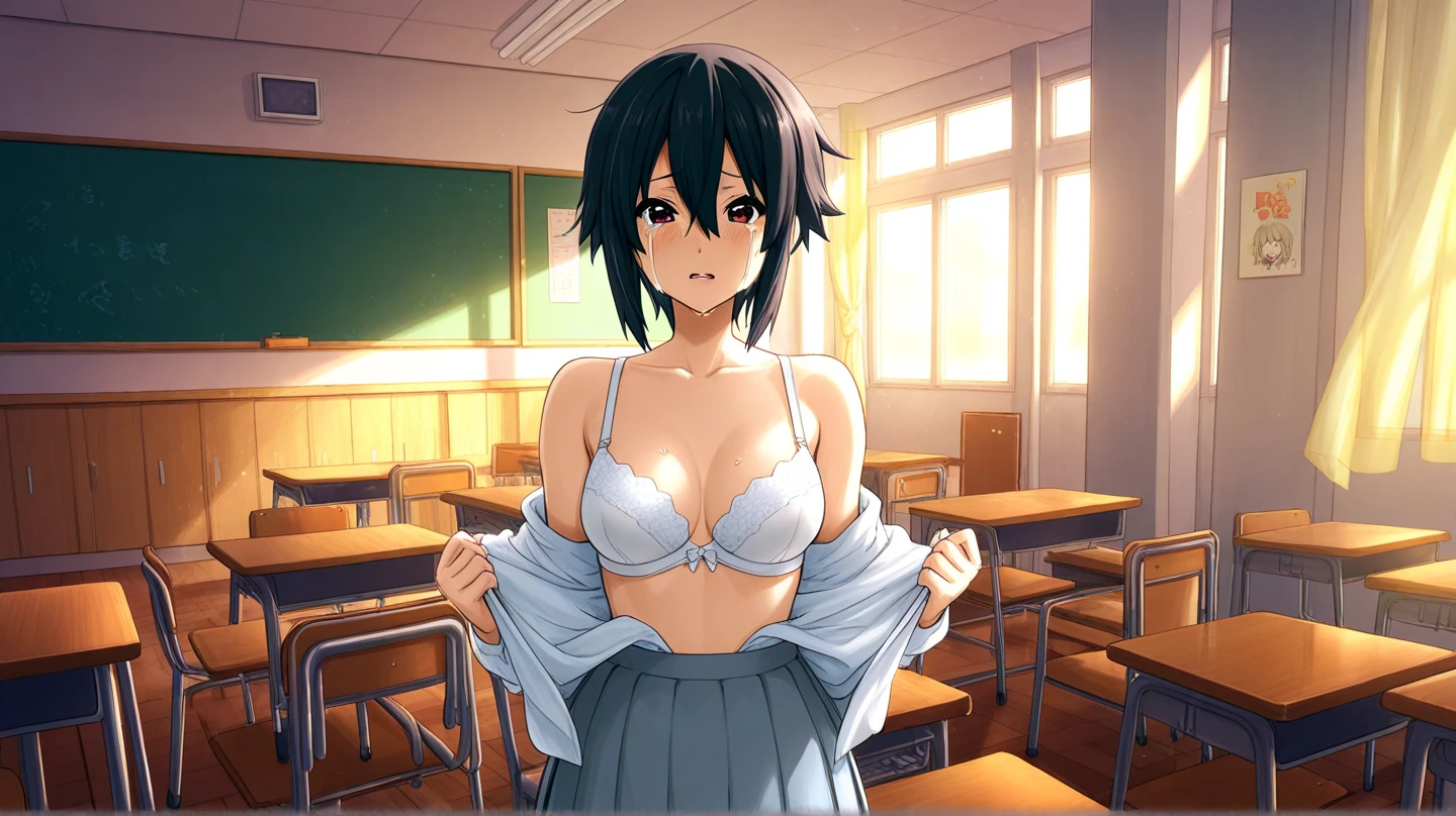 1girl, school uniform, long sleeved white shirt with a pocket, undressing, open shirt, unbuttoned shirt, white bra, medium breast, undressing, shirt tucked down, short hair, black hair, brown eyes, cowboyshot, solo, bedroom, looking at the viewer,