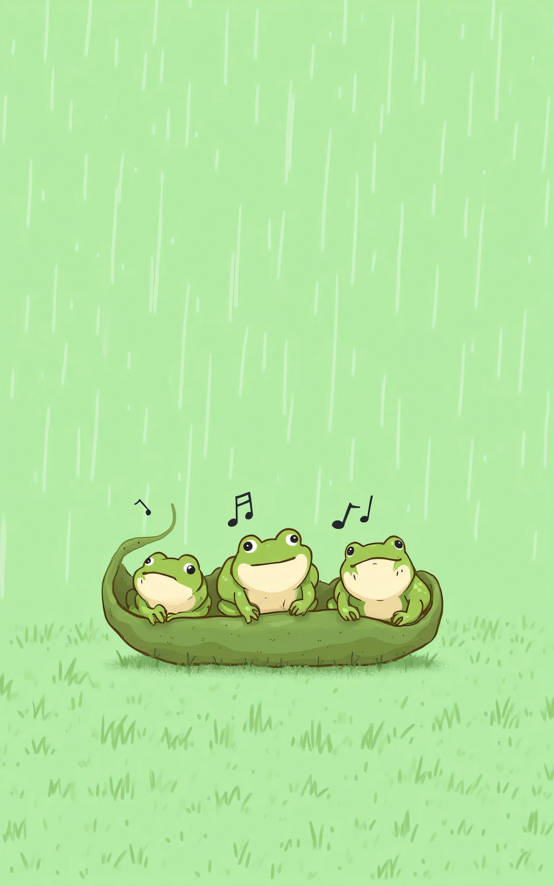 ( masterpiece:1.2, best illustration),8k16k, wallpaper,(What happens when it rains?:2.0),(Multiple small frogs are singing side by side while taking shelter from the rain under a large leaf:2.0),(Draw musical notes to express the atmosphere of singing:2.0),(snails:2.0),( minimalist:2.0),( cute:2.0),(Anime Artwork:2.0),( vector art:2.0),(SAN-X style :2.0),(Grass background :1.6),( line art ),(PASTEL COLOR)