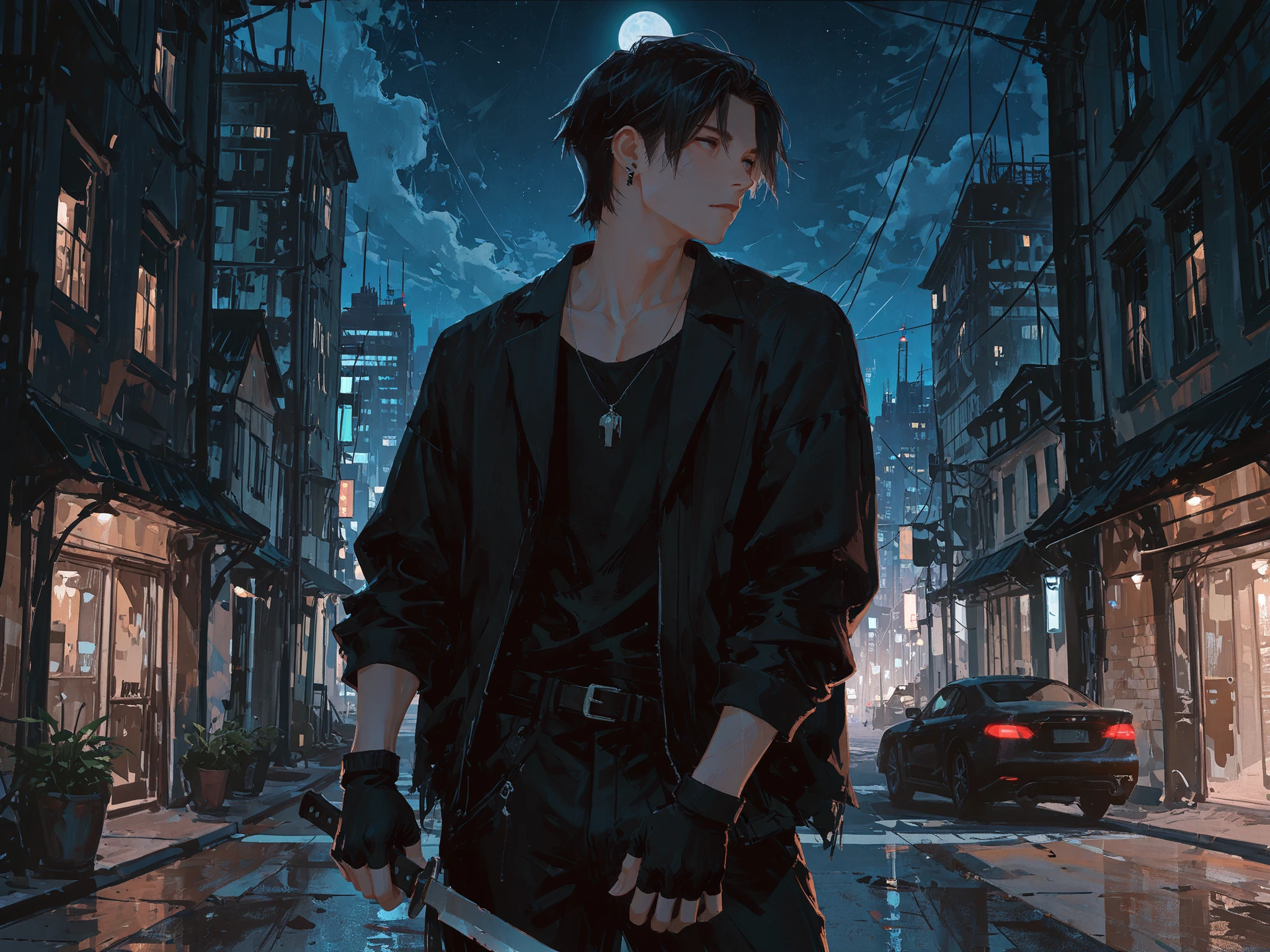 medium shot, front shot, male focus, looking away, makes an aesthetic, Master piece, Best Quality, ultra detailed, street of modern city in background, city light and buildings in background, BREAK, a handsome man, (man:1.6), solo, (male:1.6) long black hair, taut black assassin costume, fingerless gloves, holding a knife, action pose, contrapposto pose, night, moon