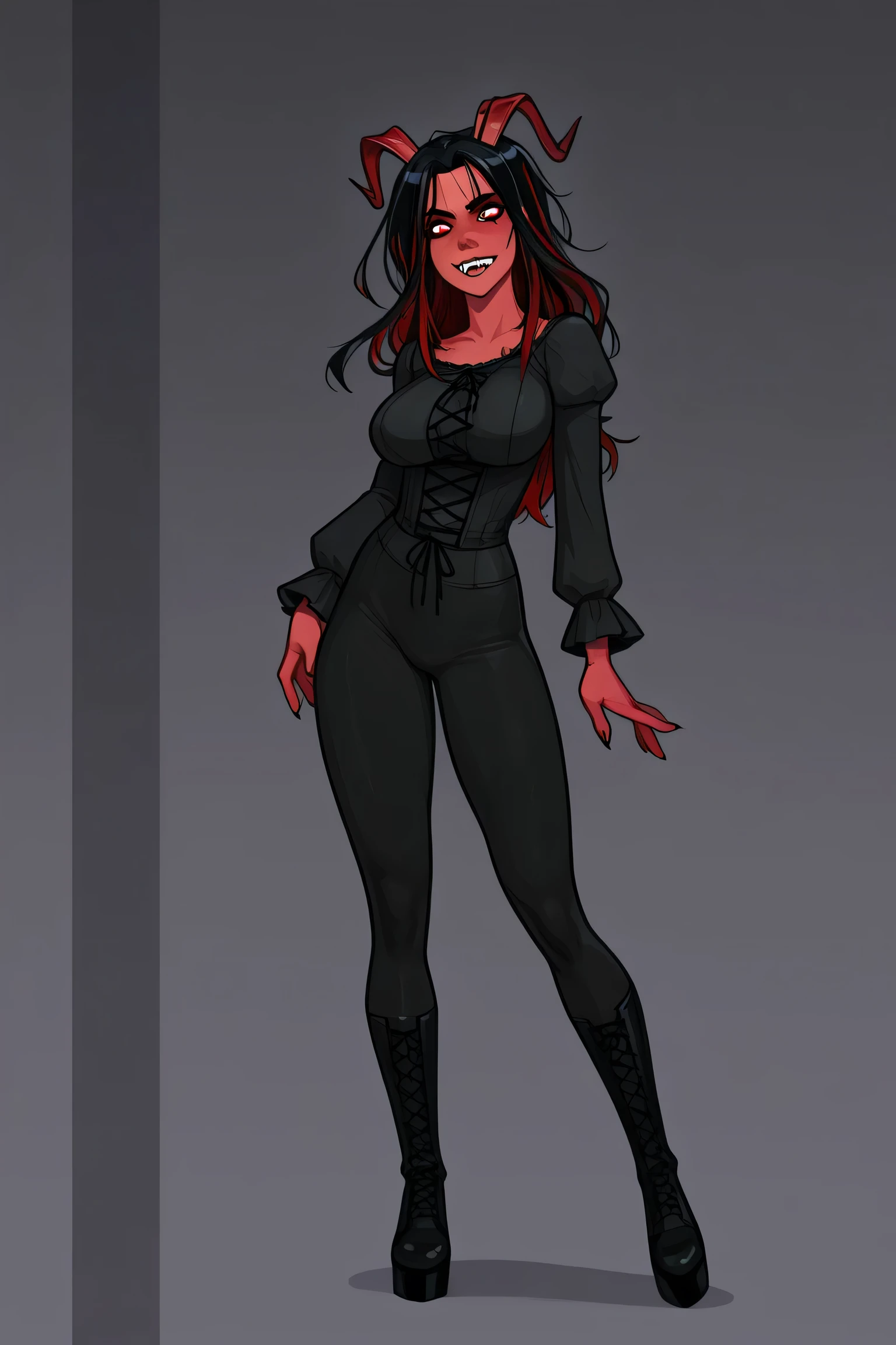 A female, sharp youthful face, red skin, crimson eyes glowing faintly, messy black hair with subtle red streaks, long red horns, tall athletic build, big breasts, slender body, dark gothic attire, sexy playful pose. 8K ultra HD, high quality, 2d cartoon style, full body, front view, back view, character sheet