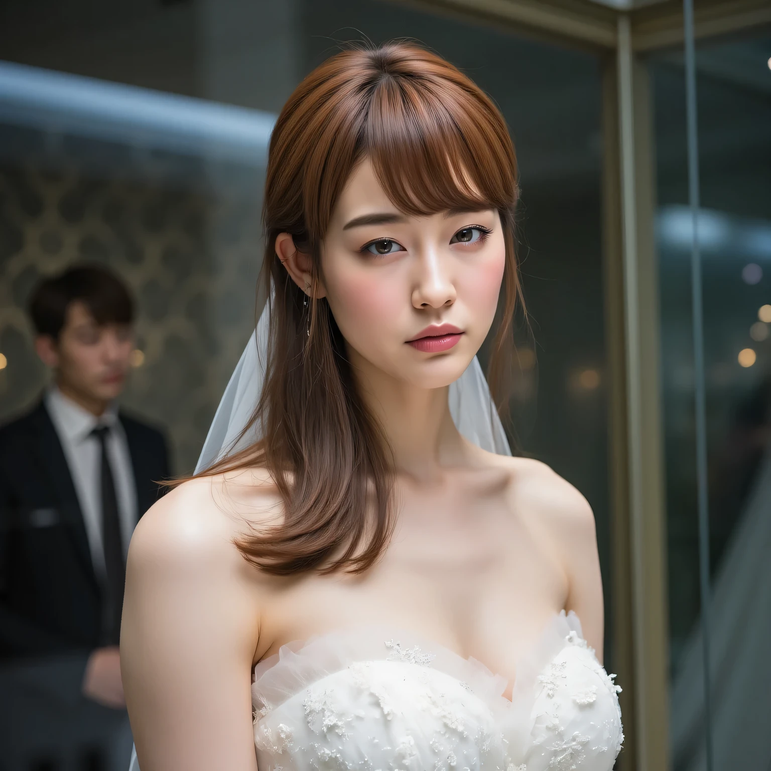 Beautiful woman with a hollow expression wearing a white wedding mini dress in a glass showcase、white wedding veil、Price tag 、bright lighting、Love Doll Showroom、A gentleman appraising an item、1 woman、Detailed Thigh、beautifully detailed face with strong natural light、Fine Hollow Eyes、detailed lips、graceful pose、dramatic lighting、Photorealistic、high quality、reality、Super Detailed、8k、masterpiece、Studio Lighting、Cinema Lighting、dramatic atmosphere、Sulky、high end、charming、from below、anatomically correct、textured skin、最high quality、Super Detailed、ultra high definition、4K、8k、slender、big boobs、A woman with a hollow expression