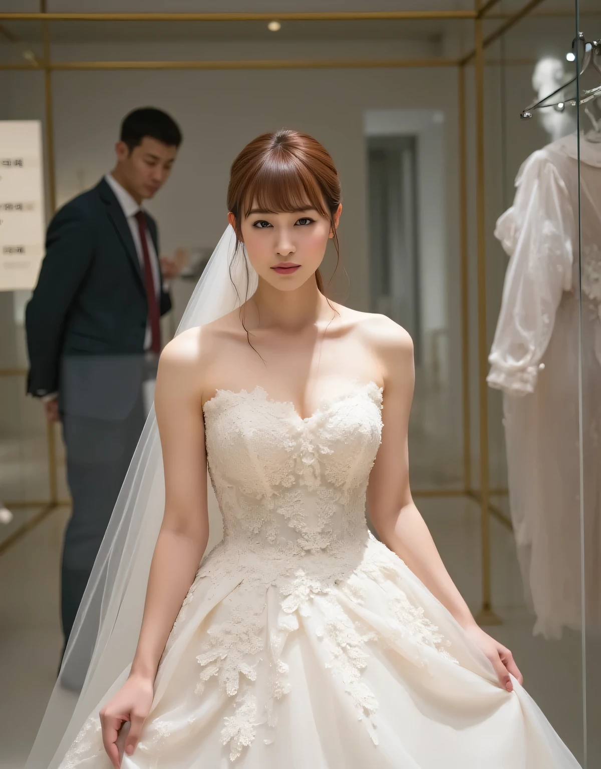 Beautiful woman with a hollow expression wearing a sexy white wedding mini dress in a glass showcase、white wedding veil、Price tag 、bright lighting、Love Doll Showroom、A gentleman appraising an item、1 woman、Detailed Thigh、beautifully detailed face with strong natural light、Fine Hollow Eyes、detailed lips、graceful pose、dramatic lighting、Photorealistic、high quality、reality、Super Detailed、8k、masterpiece、Studio Lighting、Cinema Lighting、dramatic atmosphere、Sulky、high end、charming、from below、anatomically correct、textured skin、最high quality、Super Detailed、ultra high definition、4K、8k、slender、big boobs、A woman with a hollow expression