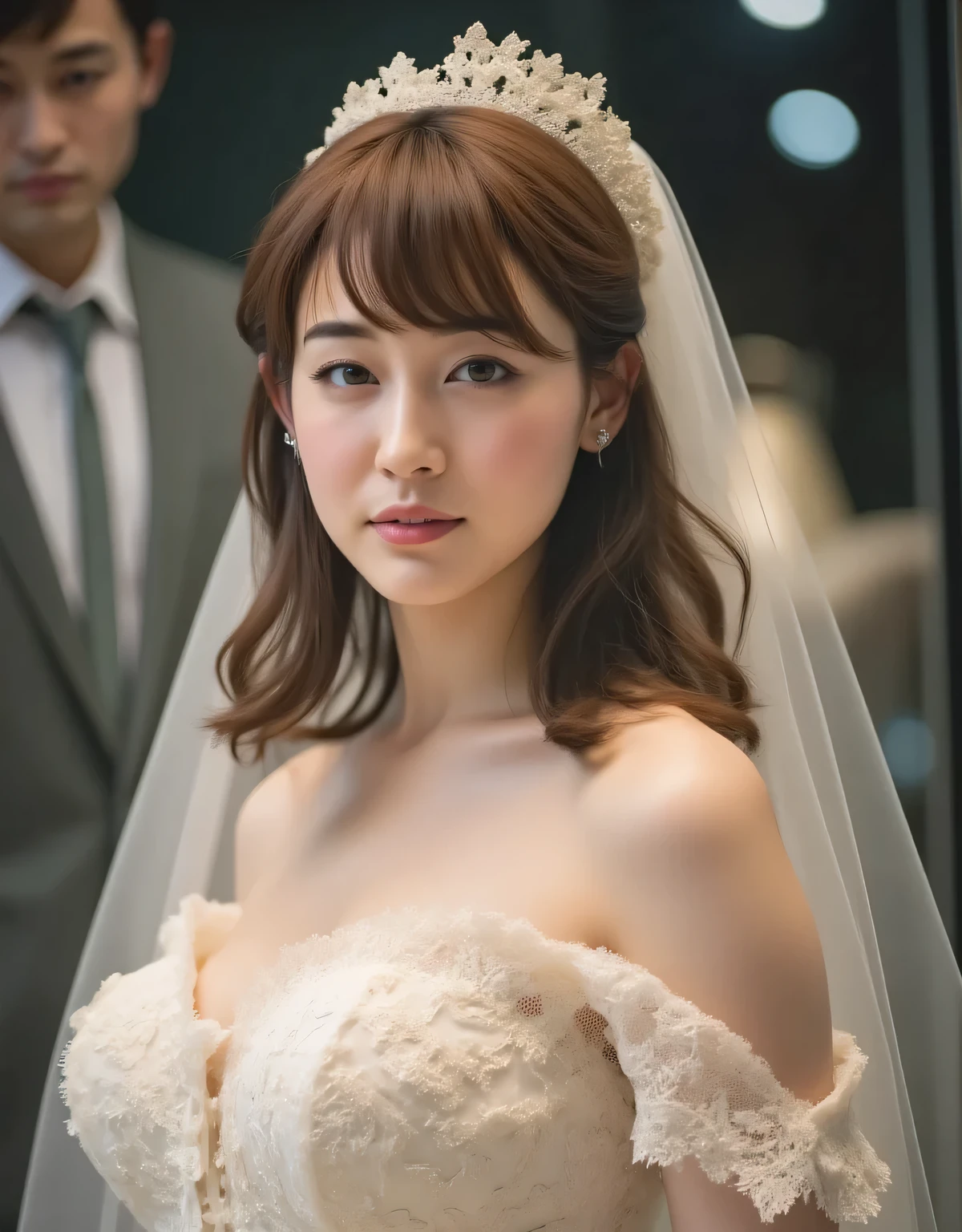 Beautiful woman with a hollow expression wearing a white lace wedding mini dress in a glass showcase、white wedding veil、Price tag 、bright lighting、Love Doll Showroom、A gentleman appraising an item、1 woman、Detailed Thigh、beautifully detailed face with strong natural light、Fine Hollow Eyes、detailed lips、graceful pose、dramatic lighting、Photorealistic、high quality、reality、Super Detailed、8k、masterpiece、Studio Lighting、Cinema Lighting、dramatic atmosphere、Sulky、high end、charming、from below、anatomically correct、textured skin、最high quality、Super Detailed、ultra high definition、4K、8k、slender、big boobs、A woman with a hollow expression