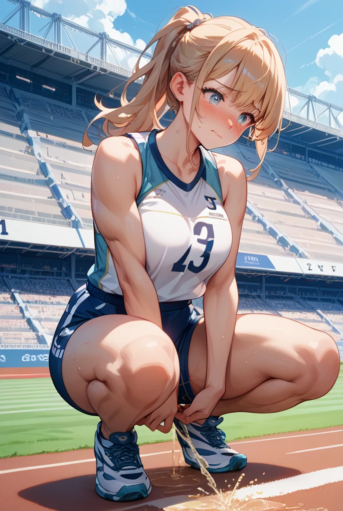 Short Hair、Blonde、Nipples、tits、Athletics、Sports Bra、stockings、Open your legs while crouching、Perfect body、Love juice overflows