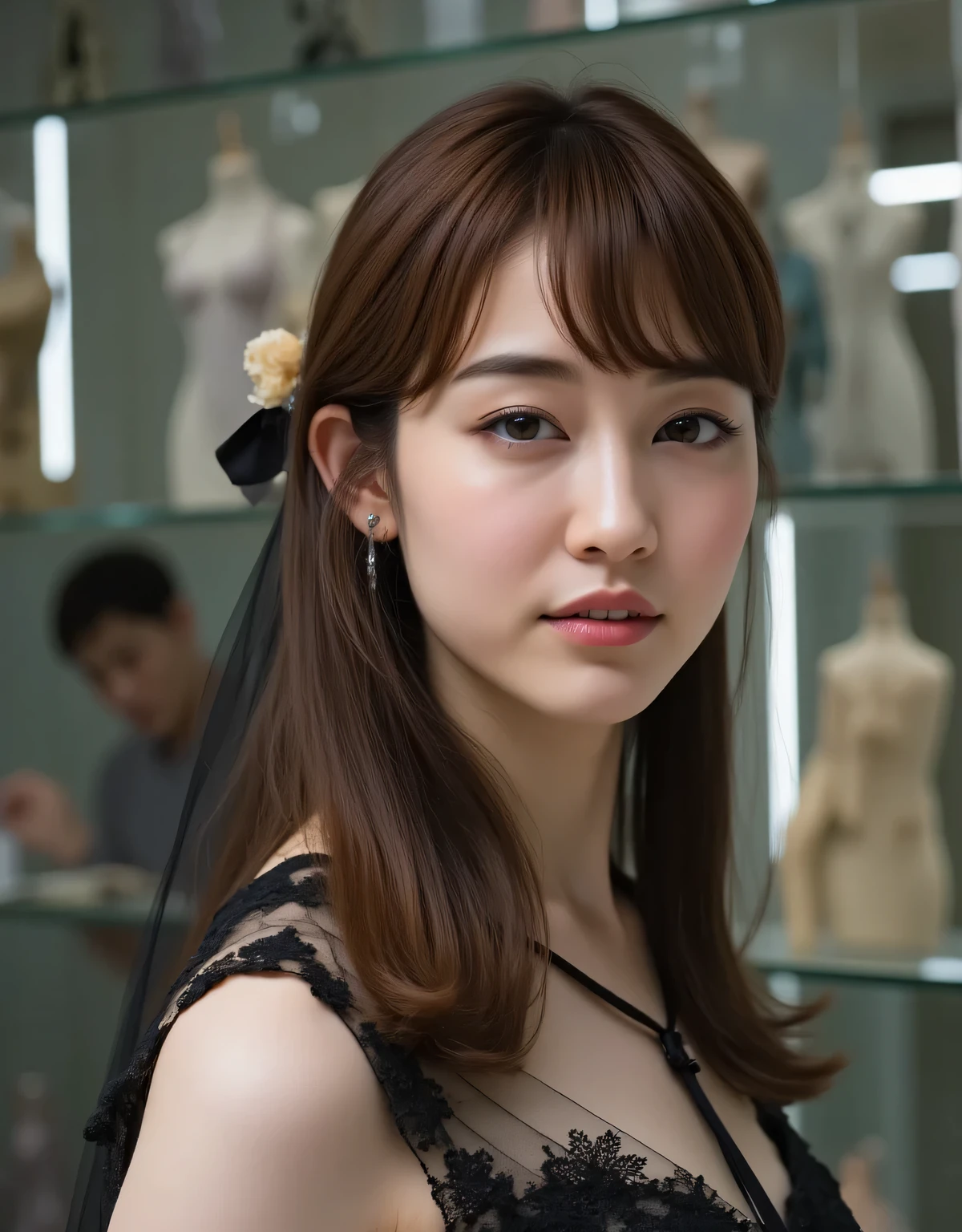 beautiful woman with a hollow expression wearing a sexy black lace wedding mini dress in a glass showcase、black wedding veil、Price tag 、bright lighting、Love Doll Showroom、A gentleman appraising an item、1 woman、Detailed Thigh、beautifully detailed face with strong natural light、Fine hollow eyes、detailed lips、graceful pose、dramatic lighting、Photorealistic、high quality、reality、Super Detailed、8k、masterpiece、Studio Lighting、Cinema Lighting、dramatic atmosphere、Sulky、high end、charming、from below、anatomically correct、textured skin、最high quality、Super Detailed、ultra high definition、4K、8k、slender、big boobs、A woman with a hollow expression