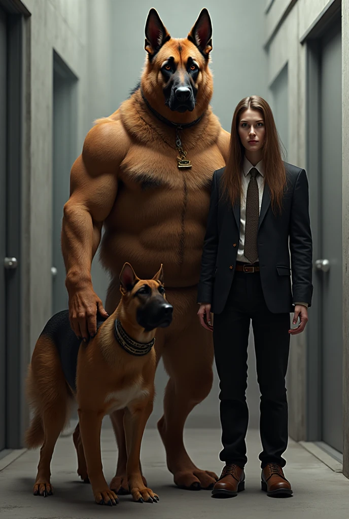 Strong humanoid dog in prison uniform receiving a visit from his wife, muscular humanoid dog with his small muscular humanoid children
