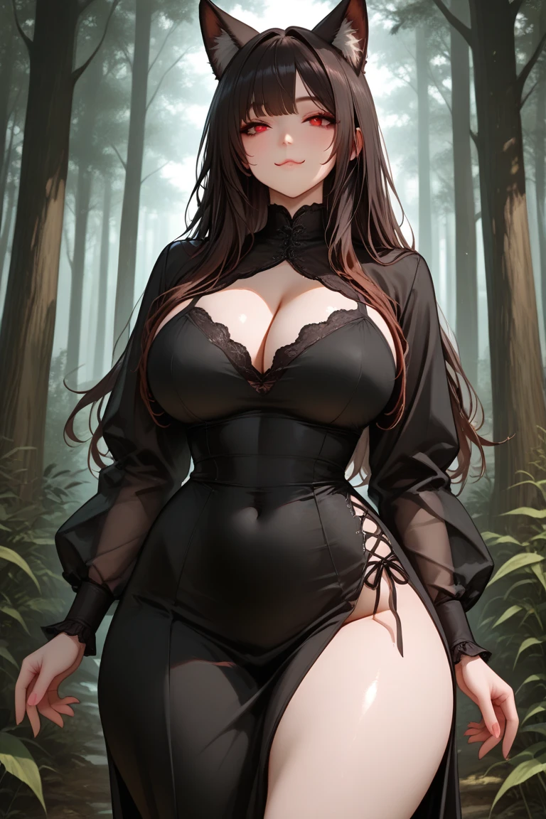 (masterpiece, 最high quality, 超High resolution, Very detailed), (Realistic:1.1, photoRealistic:1.4), Perfect illustration, Perfect lighting,Hair in perfect detail, Perfect and detailed face, Perfect collarbone, Perfect body,Juicy breasts, Perfect Thighs, Beautiful feet, View your viewers, 1 Girl,Perfect Face, (Perfect Anatomy, Anatomically correct), Symmetrical face、((Shiny Hair)),Sexy Body、(masterpiece),(最high quality:1.3),8k,Very clear,(Ultra-realistic),,Captivating woman,(high quality, High resolution, Fine details), Realisticなスタイルの女性,Juicy breasts、One perfect woman、Perfect Face、Symmetrical face、Baby Face、((Large Breasts))、Breasts and cleavage、blush、((Juicy lips))、Cowboy Shot、((Straight black hair、Trimmed bangs))、((Large, double-set black eyes、Long eyelashes))、((Red makeup))、(((An elaborate jet black dress)))、(((A dress that shows off your body line)))、(Outdoor、in the forest)