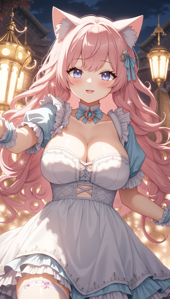 masterpiece, best quality, extremely detailed, high resolution, Japanese anime,1girl, pink red hair, (short length hair:1.4),(blunt bangs:1.5), side braid hair, curly hair, wavy hair, drill hair, (big ribbon:1.5),wing, (black eyes:1.5), (beautiful detailed eyes:1.4), laugh, 130cm tall, original character, fantasy, (black background:1.2), (full body:1.8), beautiful fingers, (standing:1.8), huge breasts, (pink Black lace frill dress:1.5), (bejeweled tiara:1.5) , shoot from front, looking at viewer