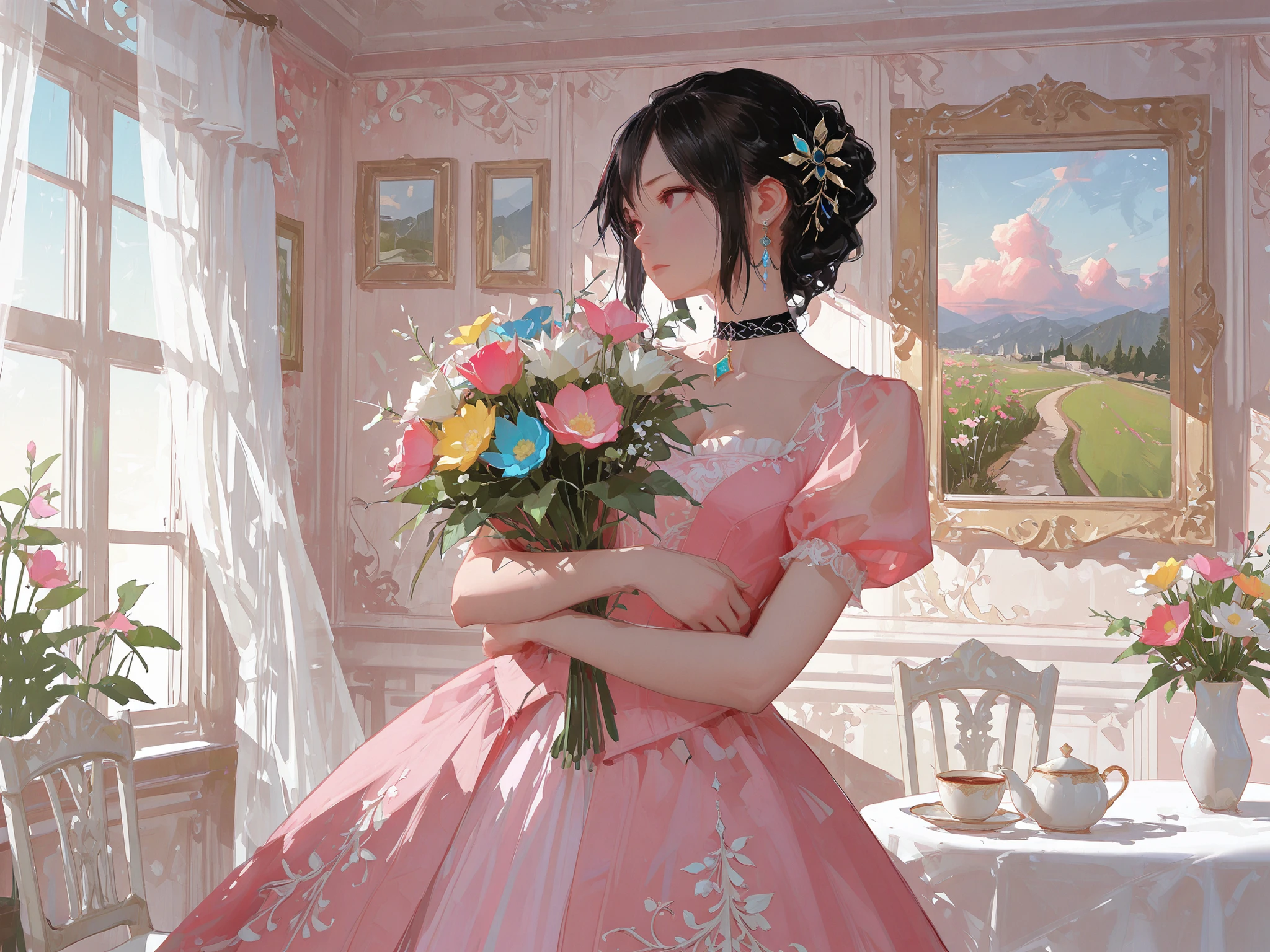 medium shot, front shot, makes an aesthetic, Master piece, Best Quality, ultra detailed, royal garden in background, elegant table and chair for tea-time  in background, BREAK, a beautiful girl, solo, very long black hair, hair up, graceful hair ornament of gem stone, gorgeous choker, white and pink princess dress, frill dress, hug a bouquet of colorful flowers, walking graceful, morning, 