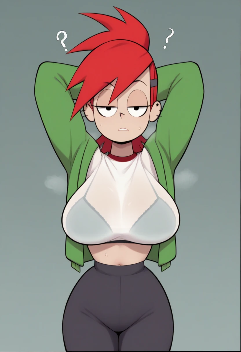 <lora:Frankie:0.85> , frankie foster, (black pupils), red hair, ponytail, purple eyeshadow, hairclip, hips cocked to one side, hand on hip, Nudity, green jacket, open jacket, full-face blush, , nipples, pink nipples, detailed nipples, full body, medium breasts, (surprised), (embarrassed),