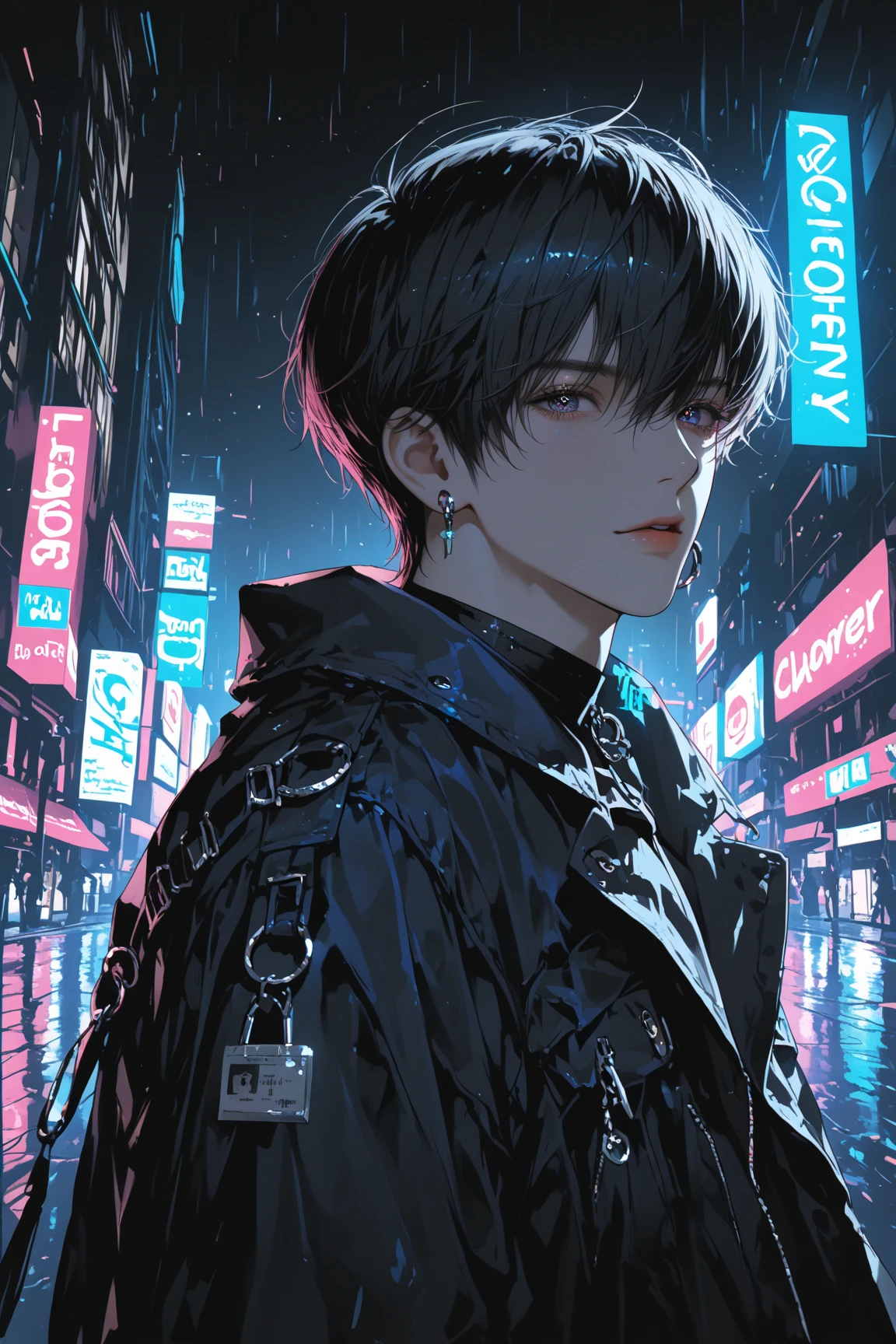 (4K works))、masterpiece、(top-quality)、((Black cityscape background))、Korean Male、Adult male、((Adult 50 years old))、((Adult uncle type))、((Leather Jeans Style))、((Face similar to Hyunjin))、Cool Men、tall、((Wild features))、((Wild look))、((angry expressions))、((Long sleeve long trouser style))、((Smaller face))、Slim body、(((short-haired)))、((Shot alone))、((Solo Photography))、Professional Photos、((He is in front of the viewer))、((Upper body photography))、((Wear a lot of piercings))、((Piercing on the lips))、((Tongue piercing))、((Sick Boys))、((Mine Boys))、((Lots of tattoos))、((Mine photo))、((sassy pose))