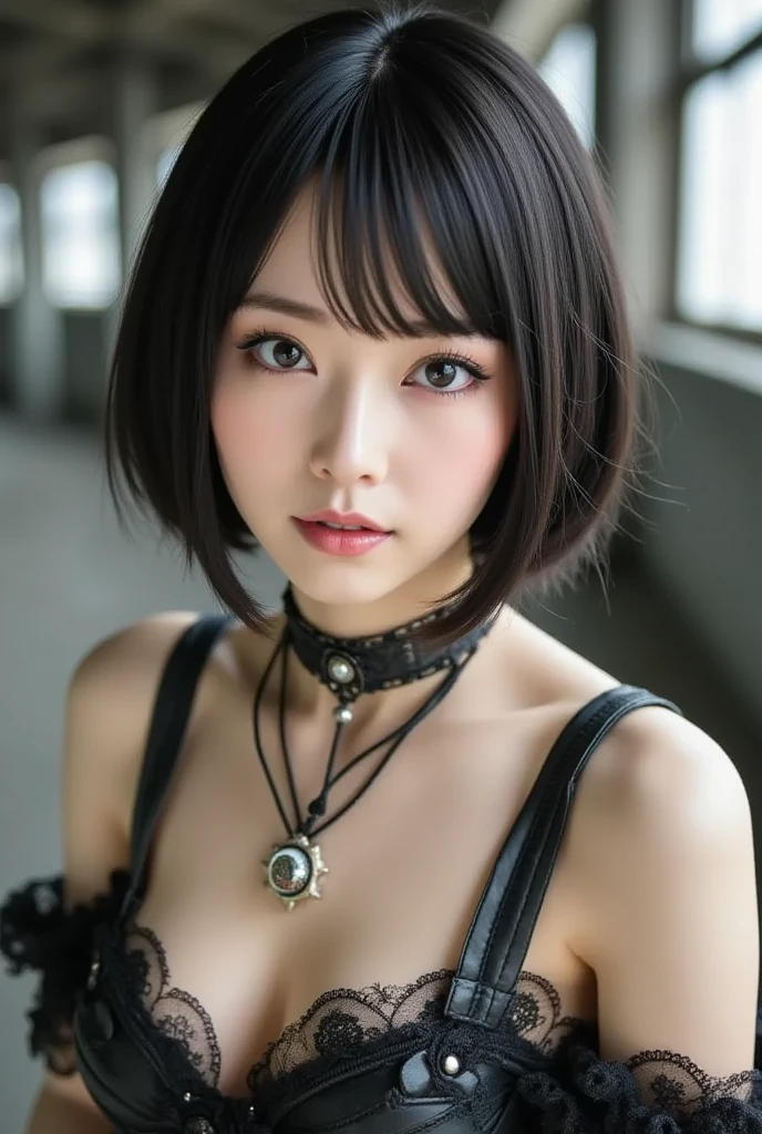 (highest quality, masterpiece, High resolution), (Reality),Cinematic light、Soft Light、Adult female, Black Hair,Bobcut, Black cat costume,  hair ornaments, choker, Cat ears、 Captivating smile,
