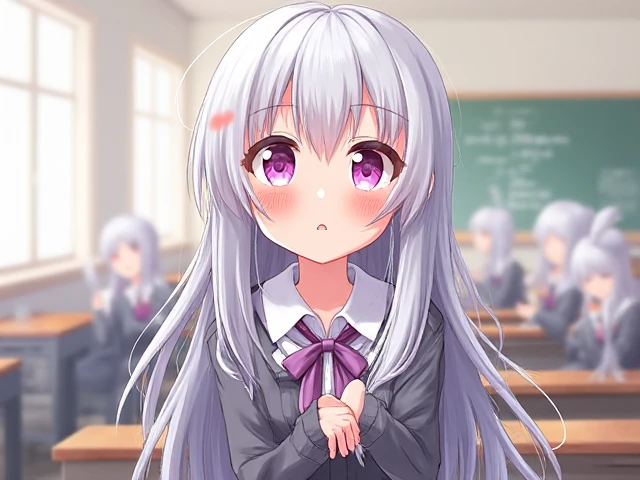 One girl with long wavy hair, looking at viewer, embarrassed, blushing, tears, open mouth, indoor , school uniform, white shirt, necktie, puff long sleeves, , thigh, perfect waist, classroom, noon atmosphere, hair ornament, standing, (embarrassed:1.0)