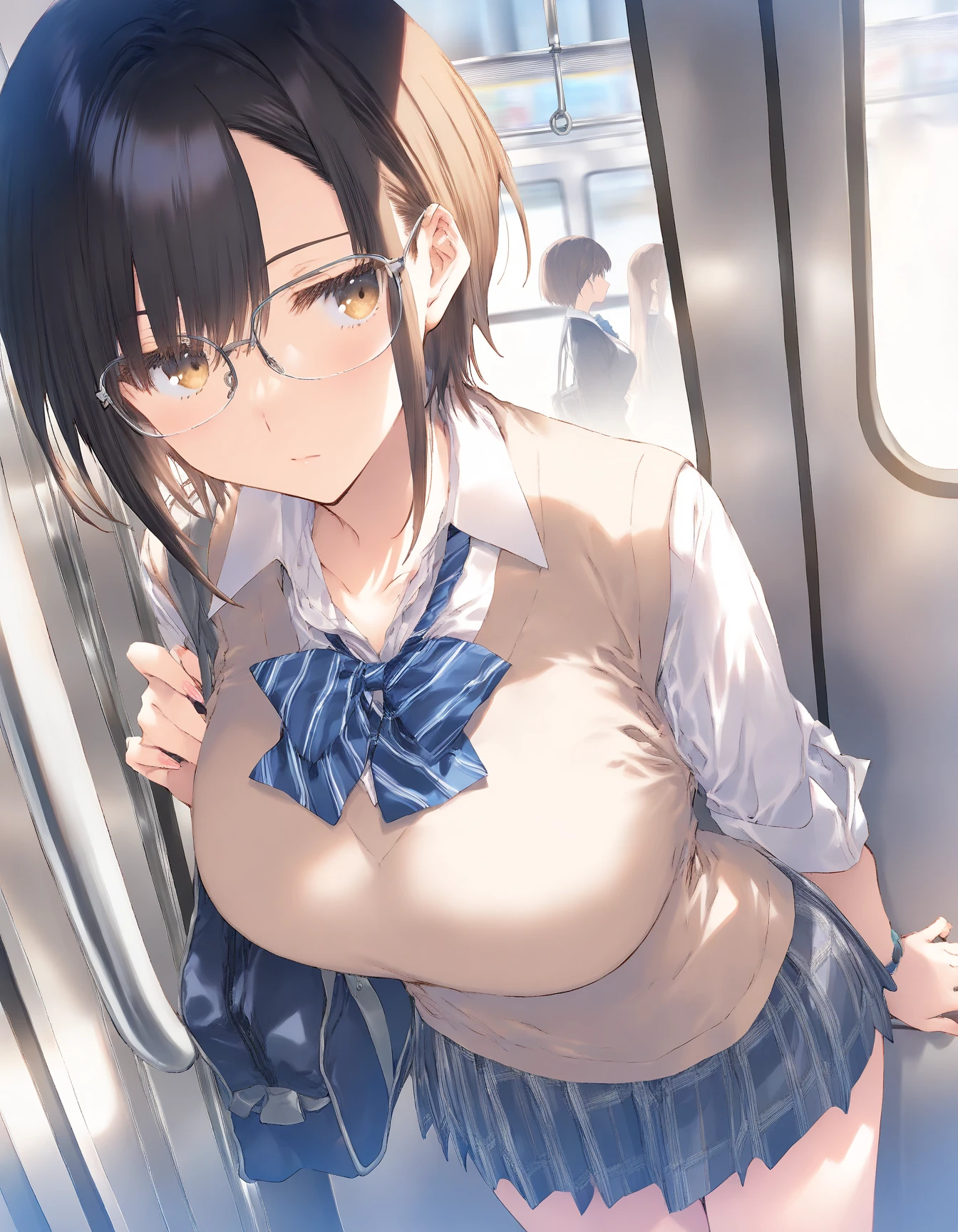 ((best quality)), ((masterpiece)), ((detailed)), (((perfect face))), (((slender 18yo teenage girl))), ((((medium breasts)))), ((((topless)))), ((((dark blue pleated skirt)))), ((dark brown hair)), ((short ponytail)), (((blue eyes))), ((shy:1.3)), ((blushing:1.5)), (((bare chest))), ((bare stomach)), ((bare shoulders)), (((bare arms))), (((walking))), ((((bus interior, windows)))), (((walking))), (((shy arms))), (((looking at viewer))), (((open front door))), ((((detailed background))))