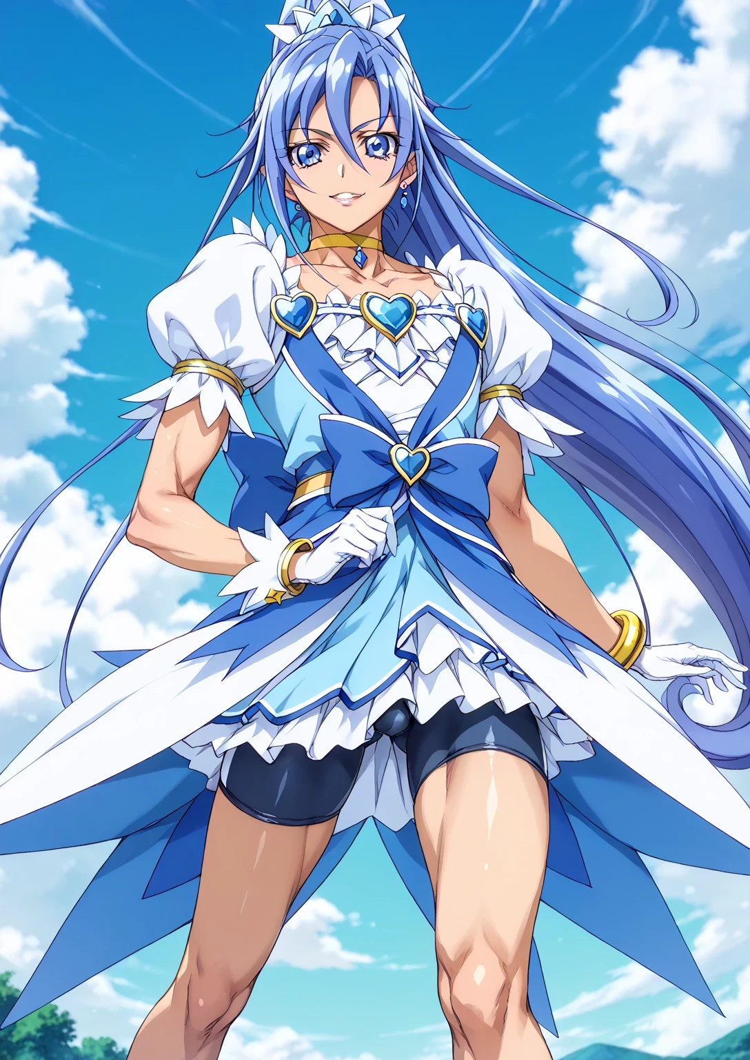 score 9 、score 8 up、score 7 up、source anime、傑作、Best quality、Best resolution、Best image quality、anime coloring、anime screencap、anime screenshot、official art、1boy、cure diamond is a boy、(manly face:1.5)、blue haired male character is wearing a blue dress、high long ponytail hair、dia shape hair ornament、solo、portrait of magical boy、boy is wearing a white and blue dress、portrait of a solo、long legs、heavenly aura、the blue ice aura、white and blue skirt、mini skirt、high cut skirt、yellow neckwear、heart brooch、yellow choker、collarbone、white puffy sleeves、Symmetrical puffy sleeves、white gloves、yellow bracelet、blue waist bow、bare thighs、bare legs、white high heels、Symphogear art style、long blue haired boy、sapphire prince、official anime art style、style of magical boy、masculinization、cure diamond outfit、magical boy、official anime artwork、official anime style、Best resolution、perfect outfit、sparkling magical boy、(manly:1.5)、sparking blue eyes、perfect body、trapezius、perfect hands、perfect arms、perfect perfect legs、thigh muscles、semitendinosus muscles、hamstrings、adductor magnus muscles、male focus、looking at viewer、solo focus、cowboy shot、(male body:1.5)、beefcake style、blue background、blue bike shorts、short bike shorts、basic design bike shorts、tight bike shorts、blue bike shorts under the white and blue mini skirt、detailed outfit、bulge medium penis under outfit、I can see blue bike shorts、showing blue bike shorts、skirt lift、