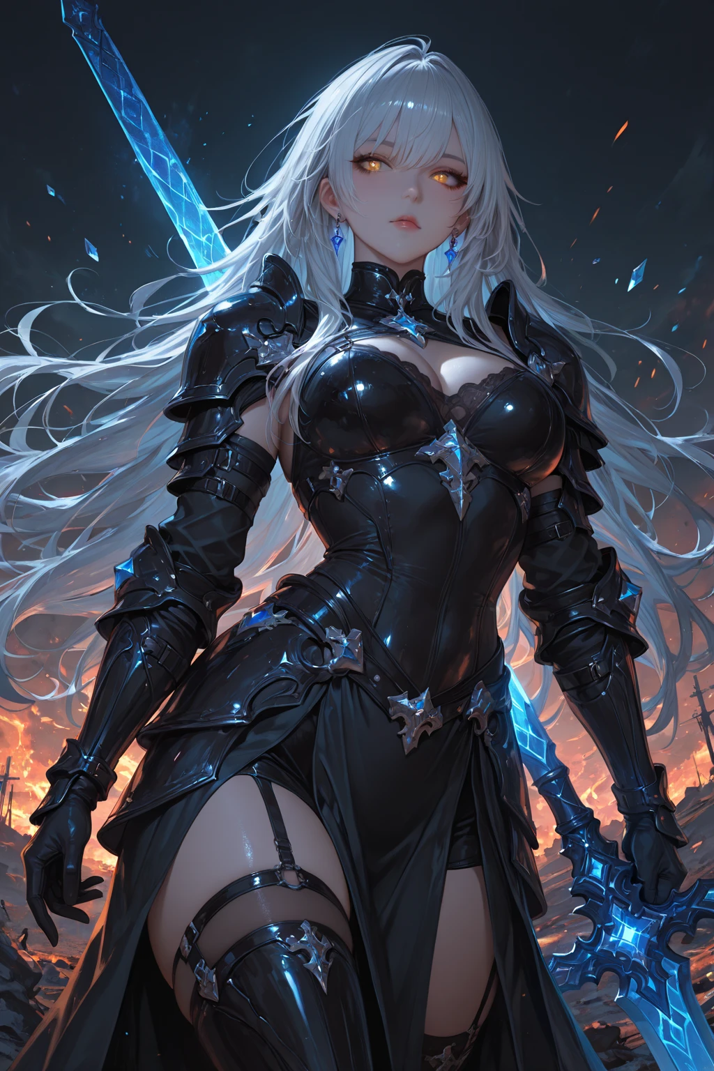 masterpiece, kawaii, anime, moe, aesthetic, extremely beautiful,
1girl, solo, standing, (holding sword:1.5), front view, looking at viewer, from below, close up,
silver hair, straight hair, long hair, blunt bangs, red eyes, determined, serious,
large breasts, holy knight, armor dress,
scenery, mountain, fantasy, midnight, night sky, sparkles, light particles, glowing light, bloom, ambient occlusion,
best quality, extremely high quality, high quality, ultra quality