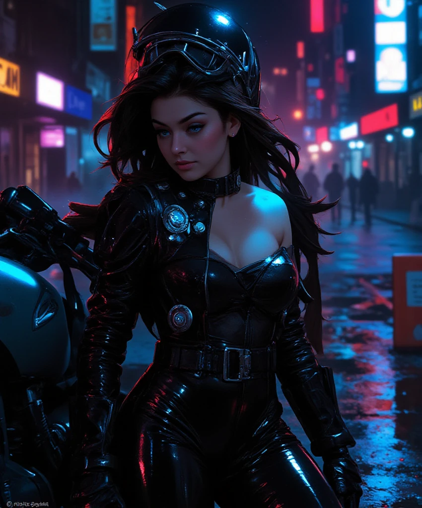score_9, score_8_up, score_7_up, score_6_up, source_anime, masterpiece, newest,
1 girl, solo, skinny, bodysuit, grinning, Colored eyelashes, cyberpunk, at night, motorbike, futuristic, black hair, twin tails, piercings goth makeup, dark background. (Black:0.5), faded