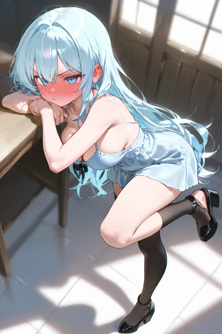hight resolution、Hi-Res、​masterpiece、Cute girl in mini skirt sitting on the ground with her knees upright、Look upwards while blushing