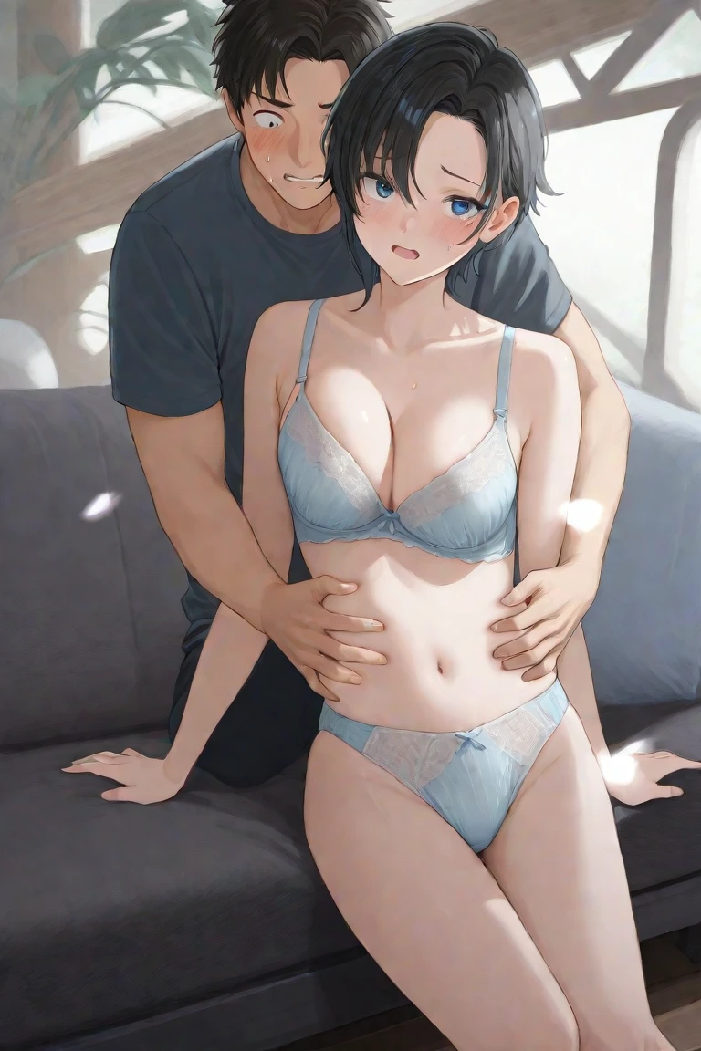 masterpiece, best quality, ((beautiful detailed eyes):1.3), 16years old, blue eyes, black hair, short hair, blue hair ribbon, blue headband, (white dress shirt, naked shirt,cleavage ,open shirts,large shirts,white Side tie panties,bottomless,:1.5),sow off nipples under white shirt、 ((extremely delicate and beautiful fabric):1.3), (gamecg:1.5)、looking at viewer,, seductive orgasm smile, blush, slender, slim,, very clear, ((masterpiece, best quality, ultra-detailed):1.5), ((an extremely delicate and beautiful)), ((((illustration)))), (realistic:0.6), (extremely detailed skin), ((ultra-detailed:1.35)), (detailed nipples:1.2), detailed fingers, absurdres, intricate, (1girl), ((glistening skin)), (((oily skin))), ((wet skin)),perfect nipples、(1 boy, a boy is grabbing girl’s breasts from behind:1.5)