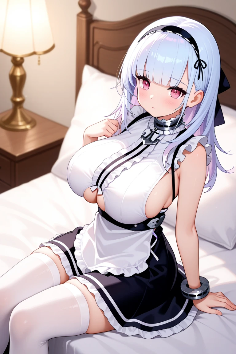 One person, High resolution, Very detailed, Textured skin, Silver Hair, Bangs, Long Hair, Classic Maid Fashion,Large Breasts, ((Accentuate your cleavage)),Thighs,Over knee socks,Raise your arms and tuck your hair up,On the bed,Blushing, Open your mouth a little, Cool,Revealing maid clothes