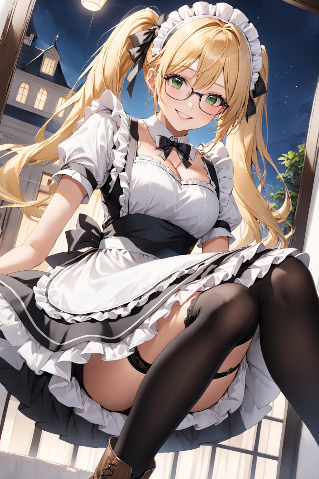 (Disdainful look:1.2),1girl,glasses,maid,elf,yellow eyes,disdain,evil,garters,large breasts,pointy ears,looking at viewer,long hair,blonde hair,expressive hair,clothes lift,best quality,Amazing,masterpiece,delicate,ultra high res,ultra detailed,8K,sharp focus,Lift up your skirt,Showing underwear,A girl with a disgusted expression shows you