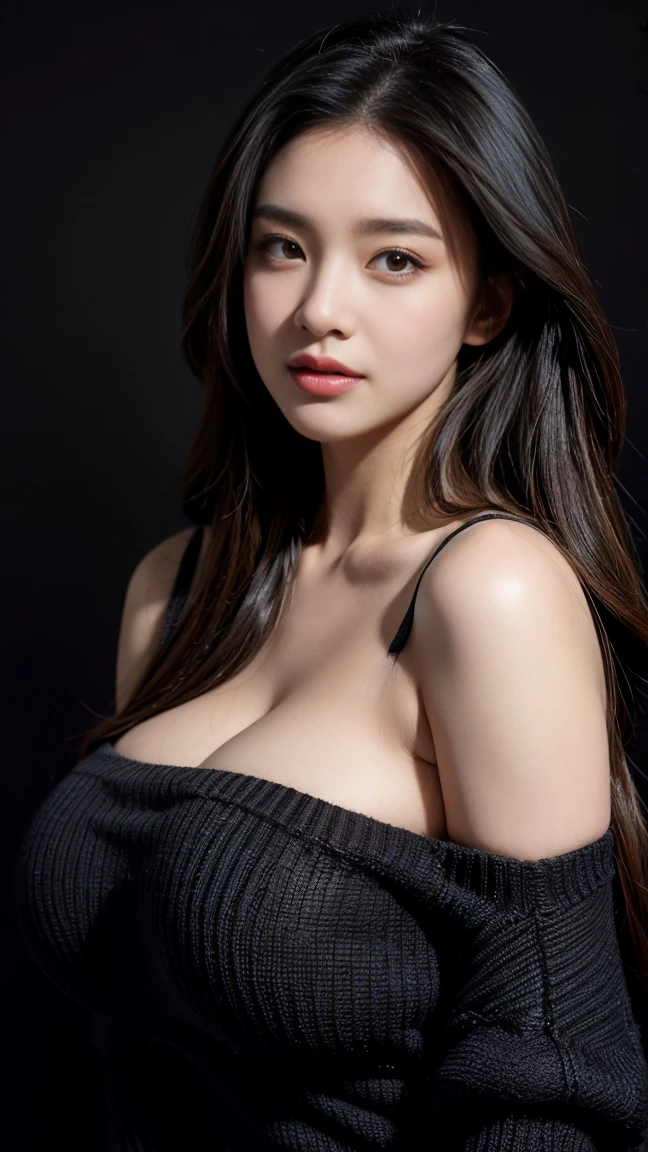 Masterpiece, Best Quality, High Definition Photorealistic, Glossy skin, Bangs, big boob, open mouse, Exposed cleavage, blue Eyes,, ((Dark background)), looking at viewer, off shoulder, black sweater,