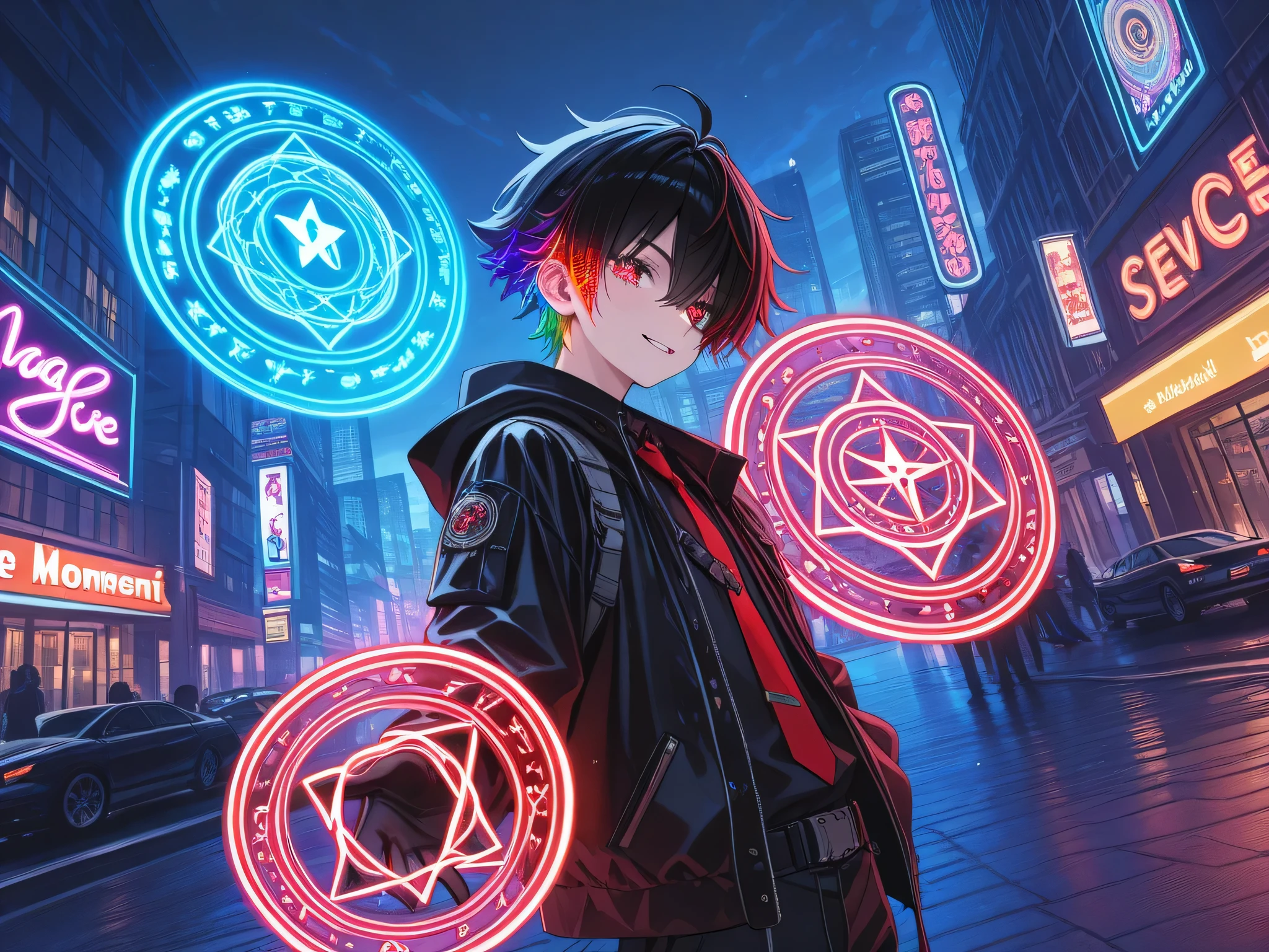 masterpiece、The Moment Neon Shines、neon sign、Very Detailed Cool Boy,Rainbow Mesh Hair Mainly Black、Futuristic Streetscape Behind、Red Sparkling Left Eye、real、magic circle、Red Attack Magic、Huge City、