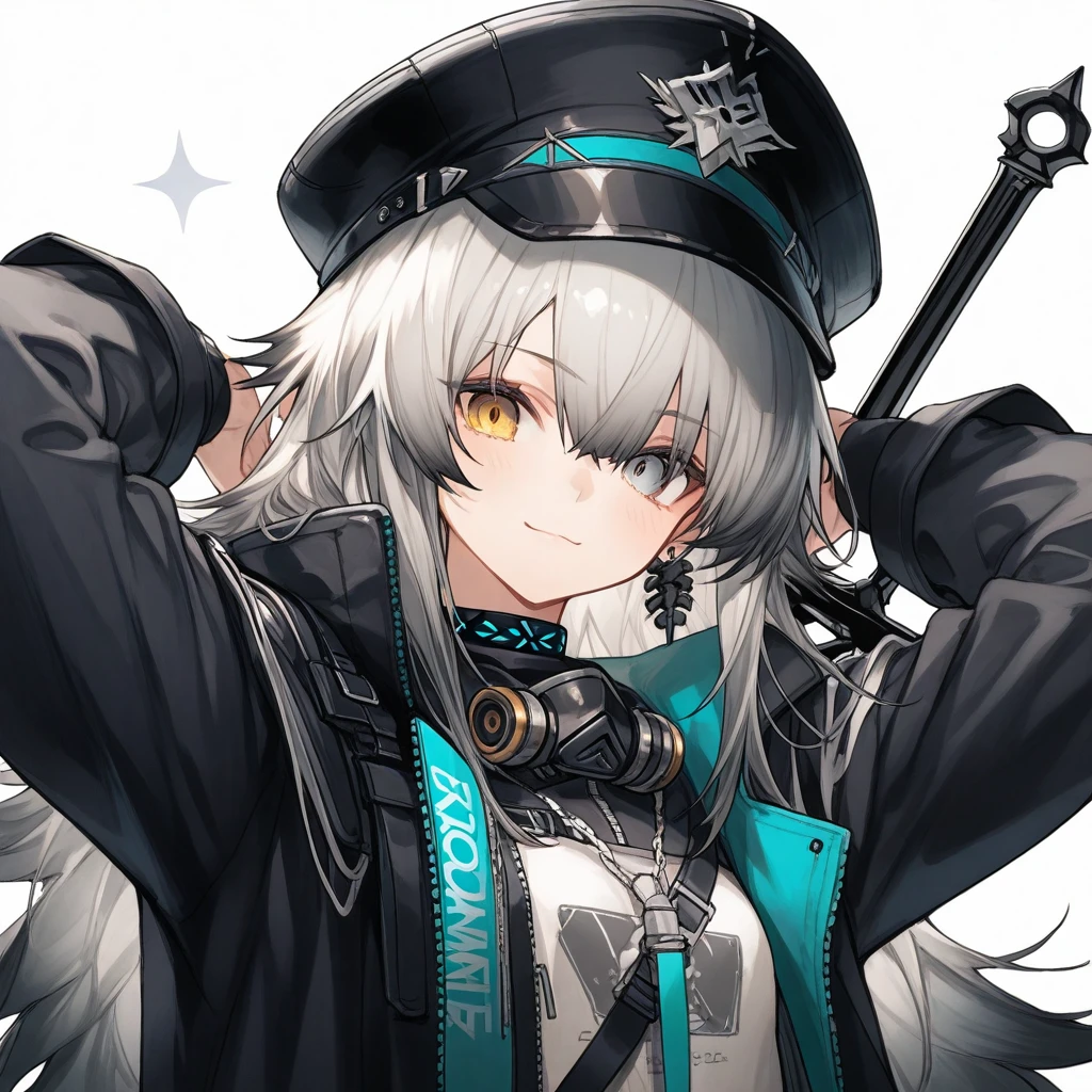 blueuniformgrani,masterpiece, best_quality, clear details,1girl,original_outfit,pants with hip vent,(cowboy shot),simple_background ,open mouth, ;d,