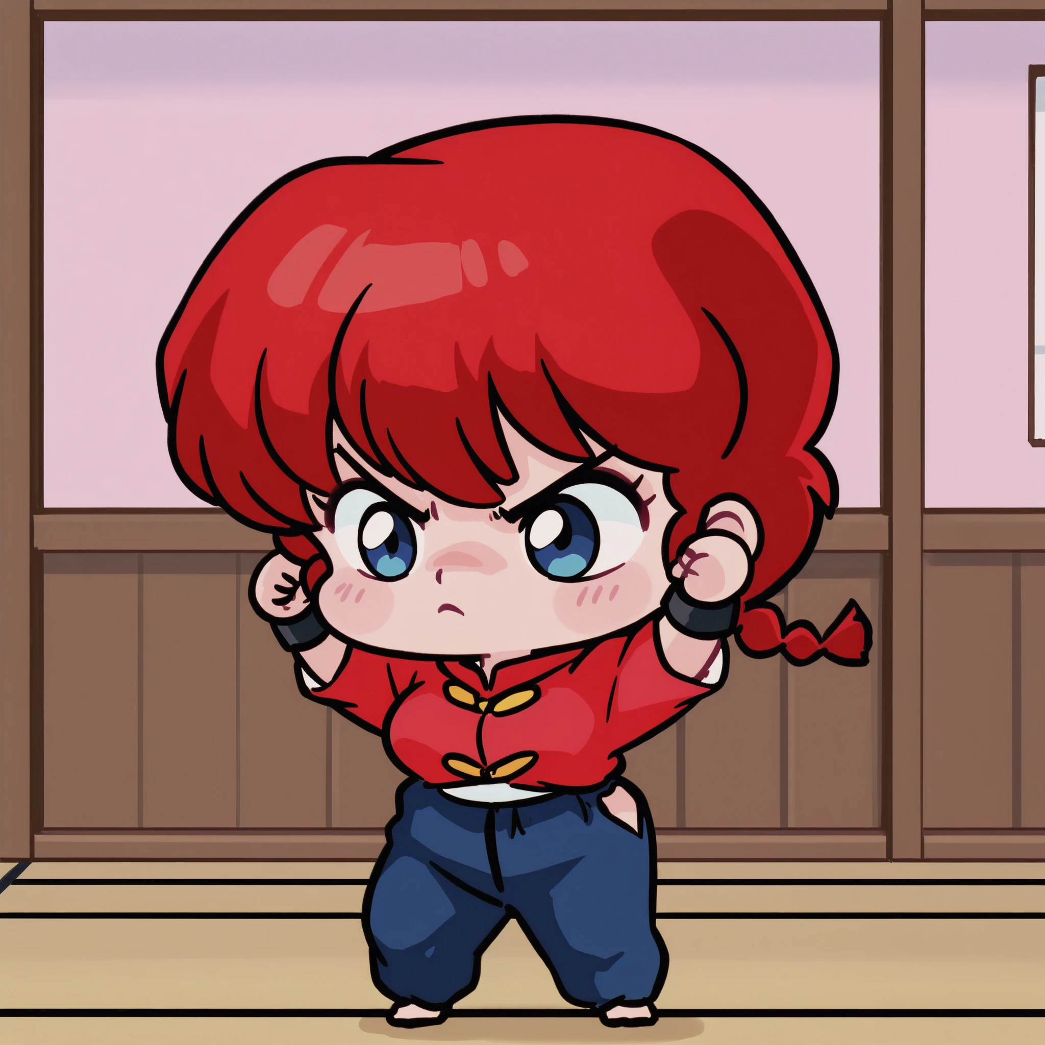 Ranma Saotome, cabello rojo, hair with a braid, blue eyes, Big breasts, NSFW,  sexy hips, sexy waist, red shirt with yellow buttons, blue pants, Japanese Dojo , looking at the spectator, by day, arms raised, shown muscles, strong, I would be, focused look, closed mouth, alone, without people in the background, pretty woman, Cute anime girl, blushed, standing, pose linda, imagen linda wallpaper, full body, chibi style, closed cuffs