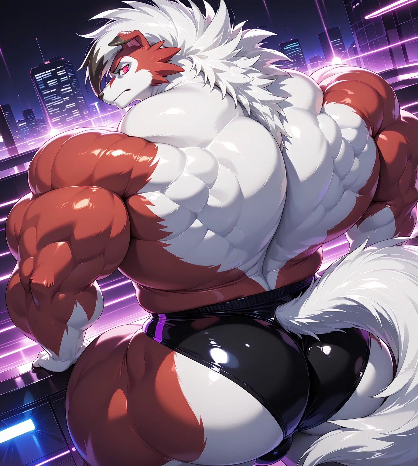 (Pokémon) A Arcanine at the bodybuilding competition, on stage with other Arcanine's bodybuilders at his side, wearing a tiny thong (metallic color: jet black thong) massive, huge muscular bodybuilder with extraordinary biceps, pecs, triceps, traps, waist narrow, gigachad (((BACK))) huge muscular thighs firm, round buttocks and round butt in with his back, long tail, huge ass ((huge buttocks))