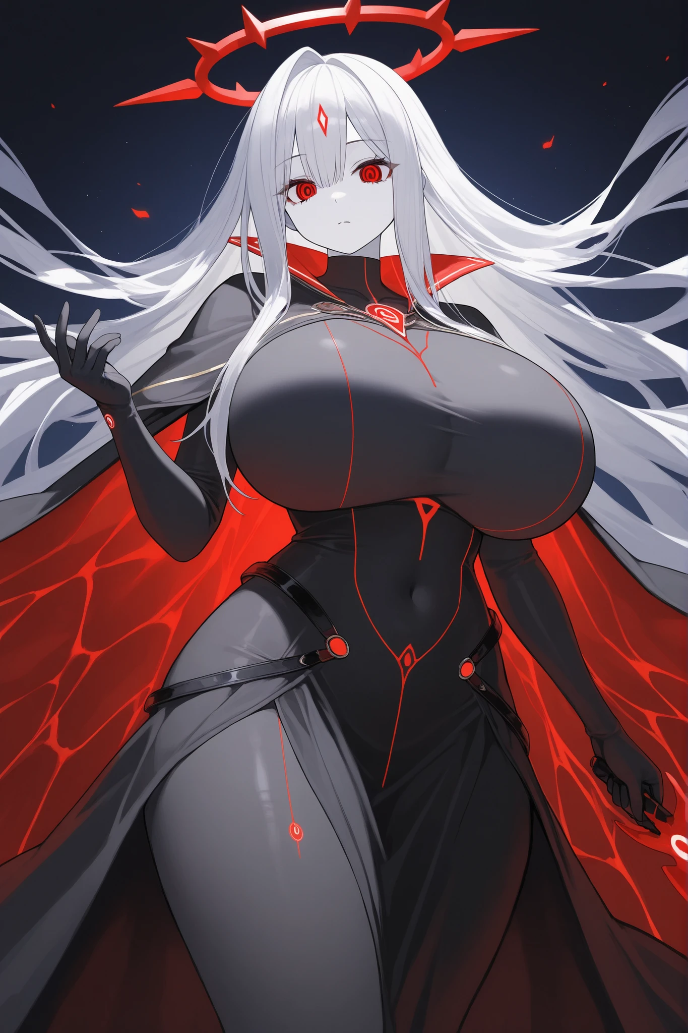 1girl, white hair, large breasts, breasts, thick thighs, wide hips, red eyes, bodysuit, black bodysuit, pantyhose, long hair, science-fiction, tech, futuristic, black pantyhose, neon, neon trim, anime style, 2d, anime screencap, shoulder armor, red neon trim, hourglass figure, one-eye covered, hair over one eye, hair over one-eye, thigh strap, serious, leotard