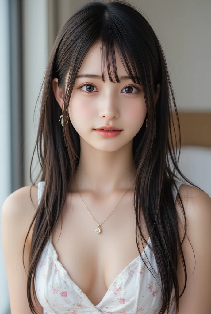 (Professional portraits, realistic and perfectly shaped subjects:1.3), (masterpiece, best quality:1.2), (Realistic, hyper realistic, photorealistic:1.3), ultra highres, intricate details, ultra detailed, (extremely detailed CG, unity 8k wallpaper:1.3), distinct image,
BREAK
(1 Japanese girl, 18 years old), (cute, kawaii), (perfect anatomy, correct limb:1.2), Detailed beautiful delicate face, Detailed beautiful delicate eyes and eye highlights, (Very thin and delicate eyelashes that are not too long), (alluring eyes, finely detailed beautiful blown big eyes and detailed face), light makeup, pink lip, lip gross, stylish face, (lustrous skin, realistic detailed skin), (brown hair:1.2), medium breast, cleavage,
BREAK
shrug her shoulder embarrassed, hug own chest with arm:1.5
BREAK
bedroom, sitting on bed, extremely detailed chemise, extremely detailed side tie pantie
BREAK
full body:1.3, from side:1.2, side glance, ((head down:1.5)), embarrassed:1.5, shy:1.5