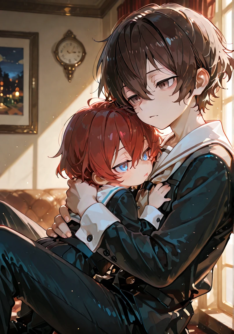 Tignari from the game Genshin impact dressed in a doctor's coat, he hugs Diluc from the game Genshin impact, Diluc is wearing a police chief's uniform, Tignari is crying, his ears droop, hugging Diluc