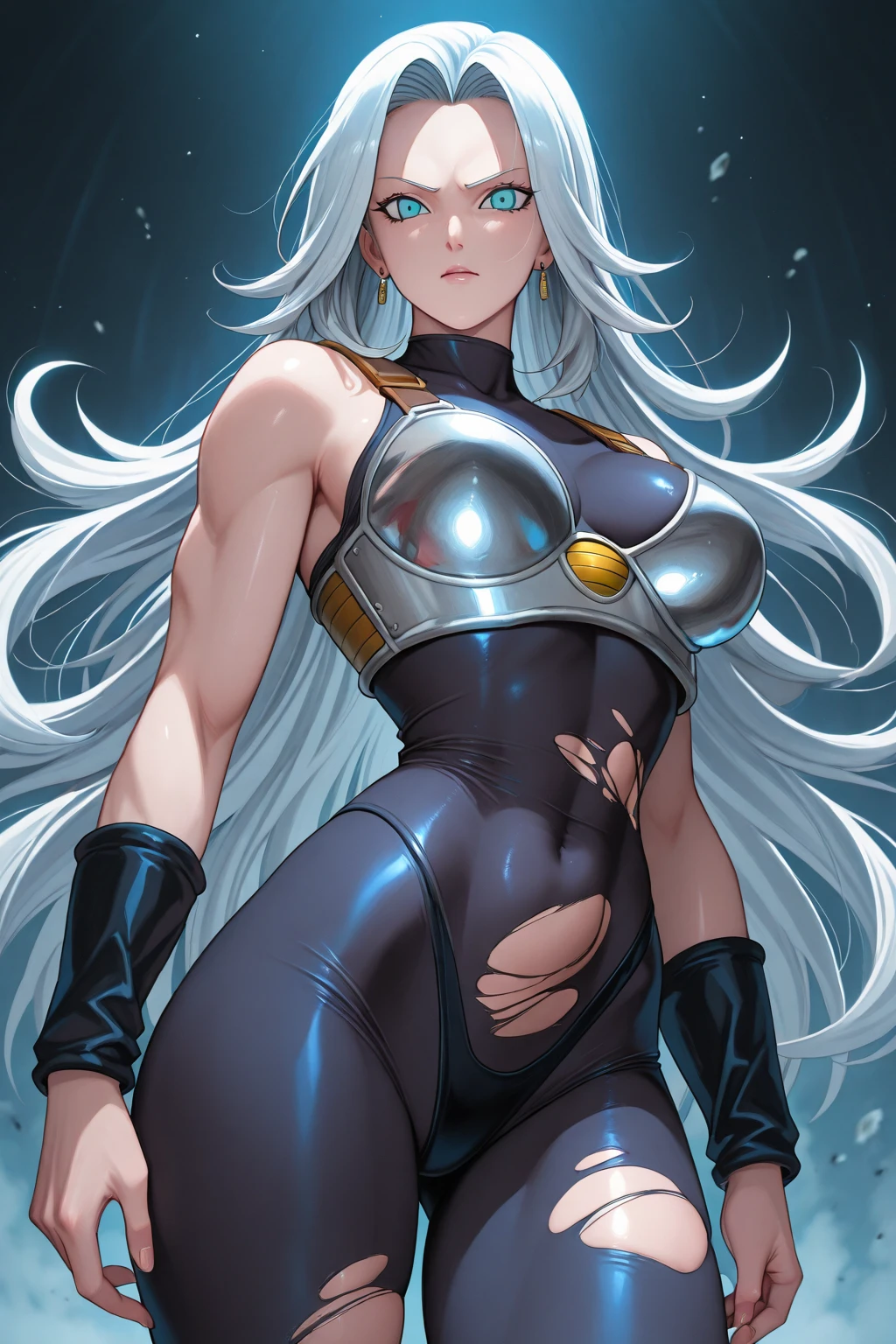 (Score_9, score_8_up, score_7_up,) 1woman, tall, long spiked white hair, white eyes, full lips, muscular, wide shoulders, tin waist, wide hips, huge breasts, decorated armored navy blue leotard, shoulder pad, bracers, gold accents, lightning magic, one-shoulder black dress, Nyantcha Style, source_anime, rating_explicit
