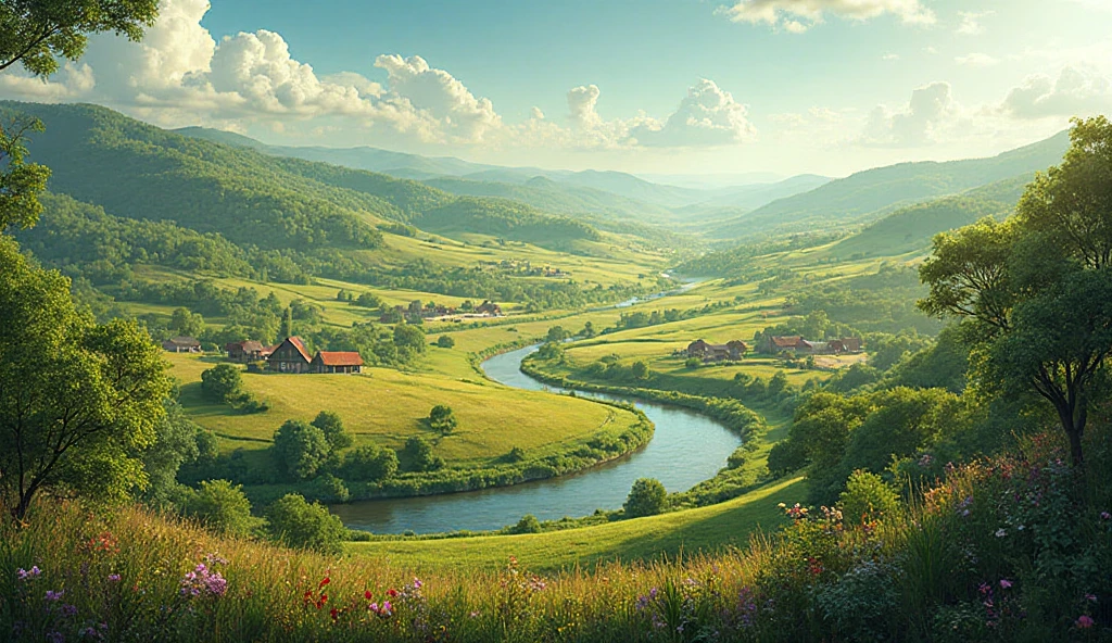 a beautiful sunrise in a serene countryside landscape, a glowing sun rising over rolling hills, lush green meadows, picturesque farmhouse, golden sunlight, warm color tones, dramatic cloud formations, peaceful atmosphere, tranquil lake reflection, detailed foliage, birds flying in the distance, highly detailed, photorealistic, 8k, cinematic lighting, masterpiece