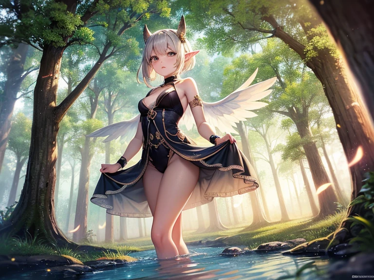 (masutepiece, Best Quality:1.2), 1girl in, Solo, Cute, kawaii, Digital Art, Magic Circle, Platinum Blonde Hair, finely detailed eyes, Embarrassed expression, Sweat, frilly dress, Pink color scheme, high-heels, White Gloves, Heart-shaped necklace, tiarra, Wield a wand, shenron, forest, Fire Breath, Wings, scales, sharp claws, Spiky tail, Trees, mosses, Moonlight passing through the leaves, leaves falling, Soto, boulders, River, Bridge, Night clouds, Starry sky, Windy, Rustling leaves,