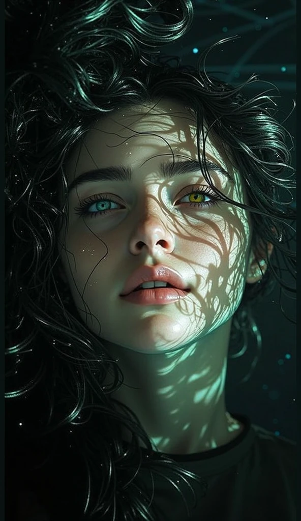 rating_explicit, score_9. score_8_up, score_7_up,a close up of an artist drawing a Japanese fantasy eye, eye focus, solo, green eyes, green theme, rain, black hair, looking at viewer, eye focus, only eye, half face closeup