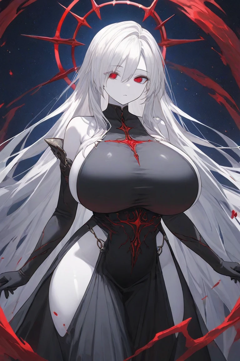 ((1 cyborg woman, bionic arms)),((gigantic breasts, naked breasts, open pussy, erect breasts, holding breasts)),((metal object stuck in pussy)),((white hair, very long white hair with bangs covering one red eye, one hundred eyes)),((serious face)),((standing in a haunted forest, at night)),