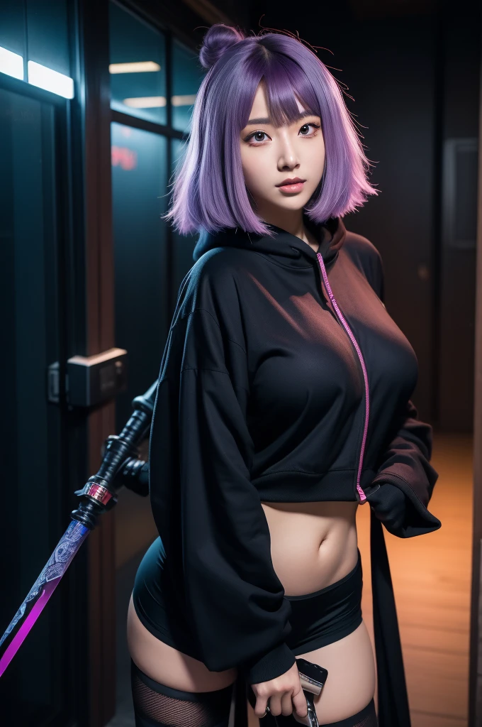 anime girl in a black outfit with a sword in her hand, very beautiful cyberpunk samurai, digital cyberpunk anime art, anime cyberpunk art, cyberpunk anime girl mech, cyberpunk anime girl, cyberpunk anime art, female cyberpunk anime girl, cyberpunk geisha, digital cyberpunk - anime art, cyberpunk samurai, anime style 4 k, badass anime 8 k, cyberpunk anime girl in hoodie, beautiful south korean woman, korean girl, beautiful young korean woman, korean woman, heonhwa choe, korean women's fashion model, sexy look, big breast, sexy pose, show breast, light purple hair