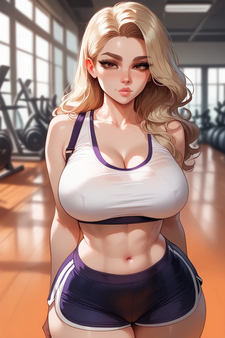 score_9, score_8_up, score_7_up, score_6_up, source_anime BREAK 1girl, solo, <lora:jainaproudmoore-wc-richy-v1_pdxl:1> jainapre, blonde hair, cleavage, midriff, navel, stomach, tummy, groin, gym, camisole, yoga pants, indoors, standing, arms behind head, armpits