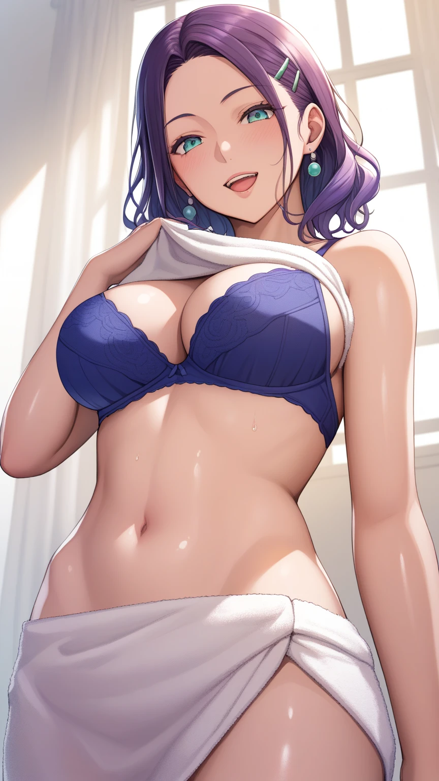 Masterpiece, candace, dark blue hair, genshin impact, Hot, busty, medium breasts, home, posing, thighs, sexy, wet, hair ornamemt