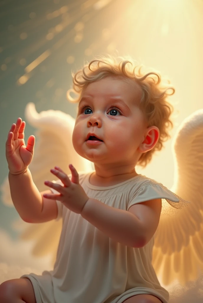 3 year old boy with light brunette wavy hair with angel wings spilling honey on the globe