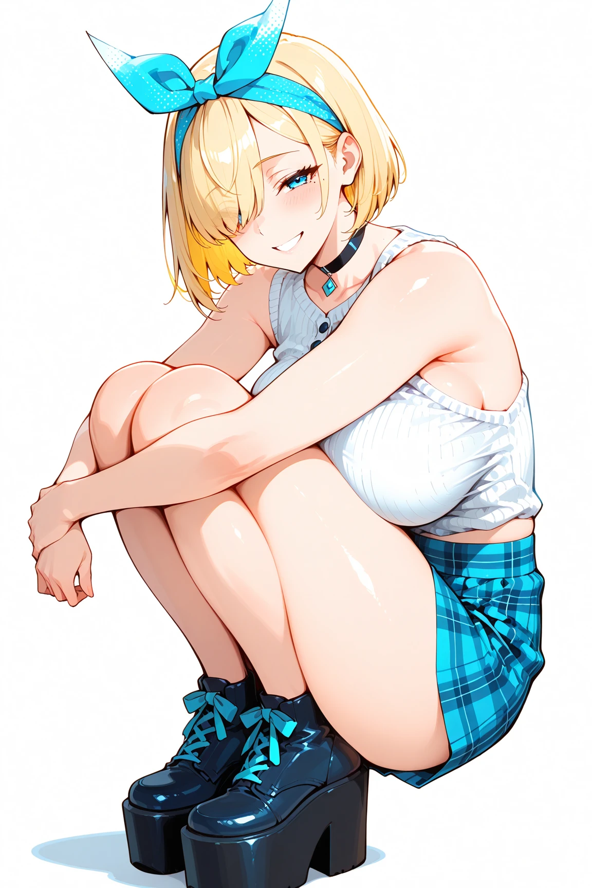 masterpiece, flat color, 1girl, blonde hair, legs up, sitting, short shorts, full body, white background, looking at viewer, smile, white shirt, hugging_own_legs, head rest