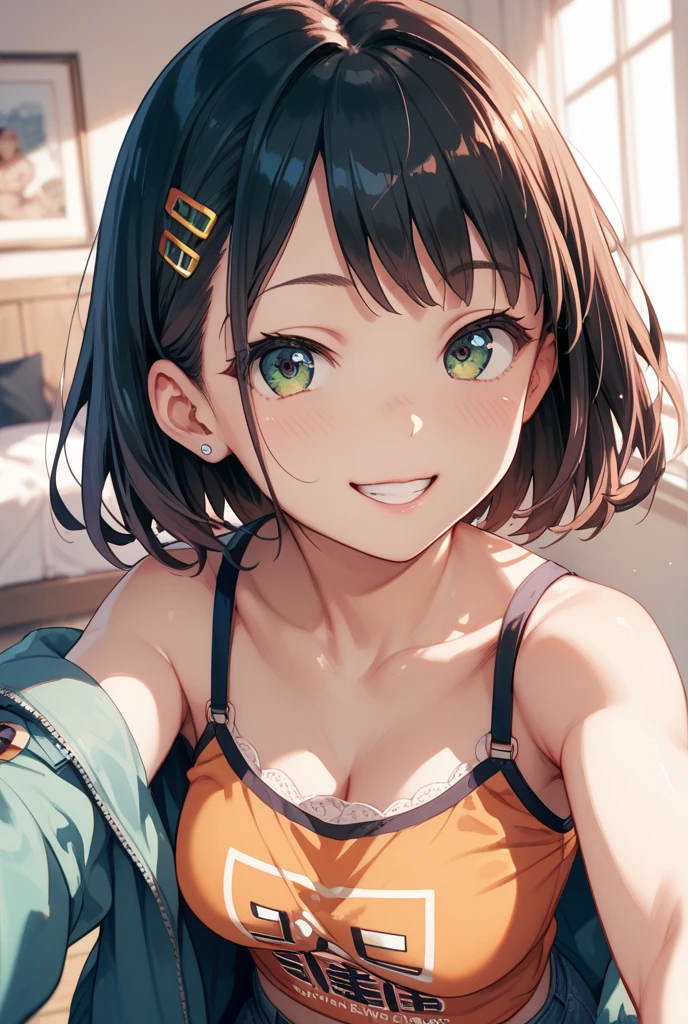 score_9, score_8_up, score_7_up,,BREAK source_anime, from front,above view,standing,,medium shot,looking_at_viewer,1girl, selphie tilmitt, final fantasy, solo, short hair, brown hair, green eyes, necklace, yellow dress, zipper, wristband, , smile,, ((unzipping)),(cleavage),selfie, indoors, bedroom, (best quality),(aesthetic,very aesthetic),masterpiece,(ultra-detailed:1) (illustration:0.5), (ray tracing,:0.8),(anime colored:0.7),(ai-generated:0.5)