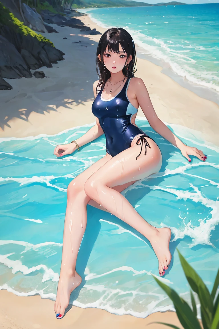 (8k), (best quality), (masterpiece: 1.2), (realistic), (photorealistic: 1.37), super detailed, one girl, viewer is watching, full body, 25 years old, navy one-piece swimsuit